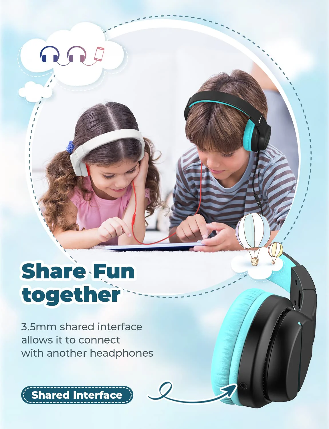 iClever HS19 Kids Headphones with Microphone for School, Volume Limiter 85/94dB, Over-Ear Girls Boys Headphones for Kids with Shareport, Foldable Wired Headphones for iPad/Travel (Black) Black - Image 3