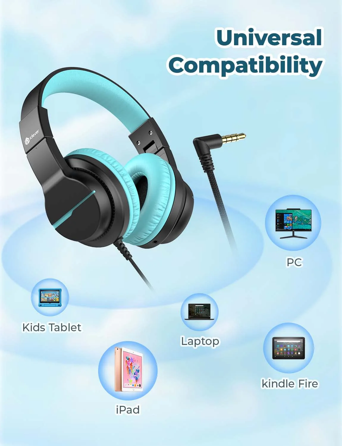 iClever HS19 Kids Headphones with Microphone for School, Volume Limiter 85/94dB, Over-Ear Girls Boys Headphones for Kids with Shareport, Foldable Wired Headphones for iPad/Travel (Black) Black - Image 5