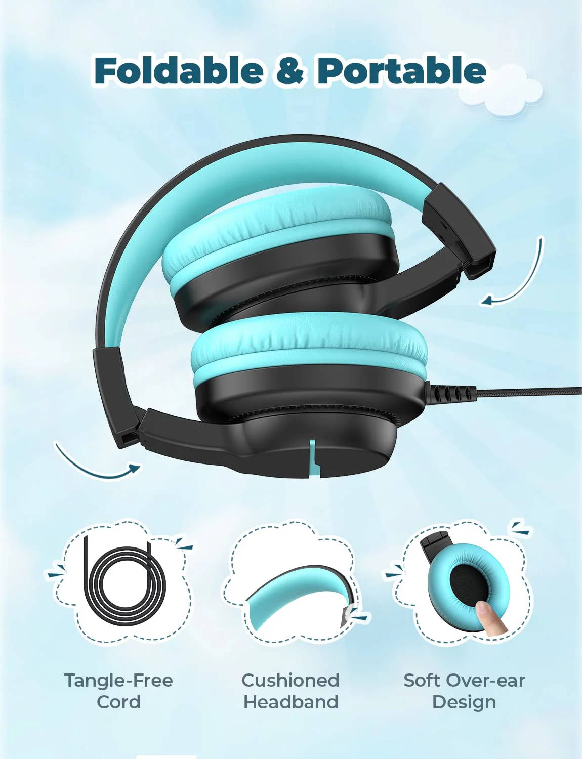 iClever HS19 Kids Headphones with Microphone for School, Volume Limiter 85/94dB, Over-Ear Girls Boys Headphones for Kids with Shareport, Foldable Wired Headphones for iPad/Travel (Black) Black - Image 7