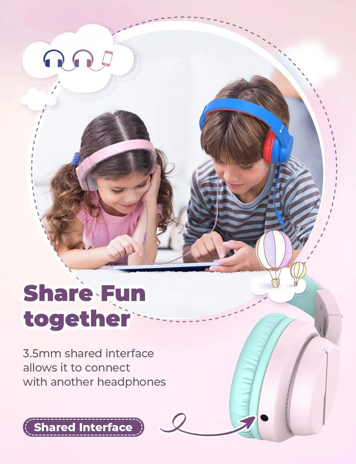 iClever HS19 Kids Headphones with Microphone for School, Volume Limiter 85/94dB, Over-Ear Girls Boys Headphones for Kids with Shareport, Foldable Wired Headphones for iPad/Travel (Pink) Pink M - Image 5