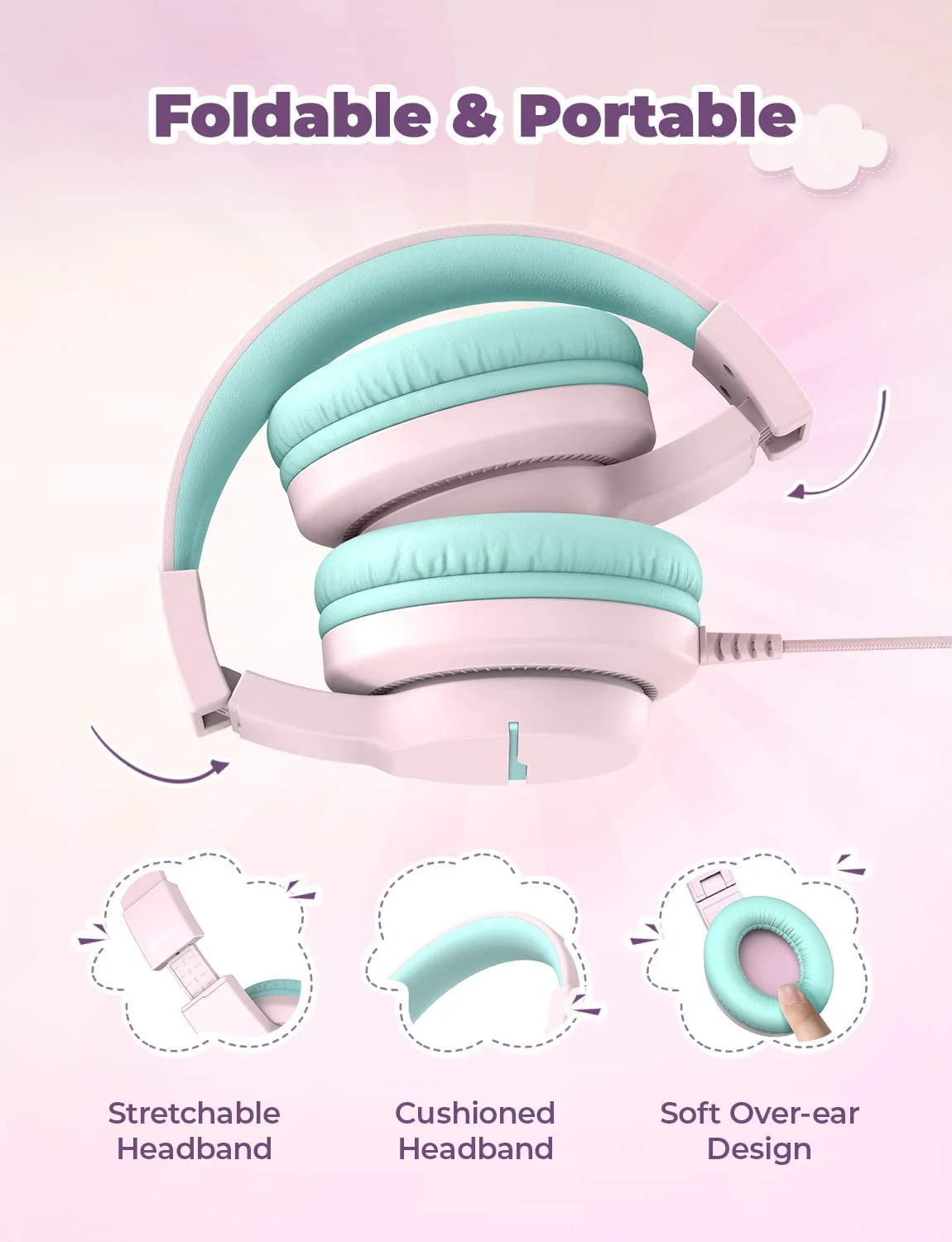 iClever HS19 Kids Headphones with Microphone for School, Volume Limiter 85/94dB, Over-Ear Girls Boys Headphones for Kids with Shareport, Foldable Wired Headphones for iPad/Travel (Pink) Pink M - Image 7