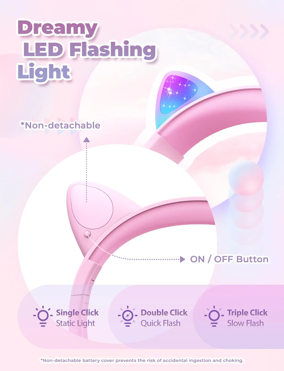 iClever Kids Headphones with Cat Ear Led Light Up, Safe Volume Limite Kids Wired Headphones with FunShare Foldable Over-Ear Headphones for Kids/School/iPad/Tablet/Travel, Meow Donut-Pink Pink Medium - Image 2