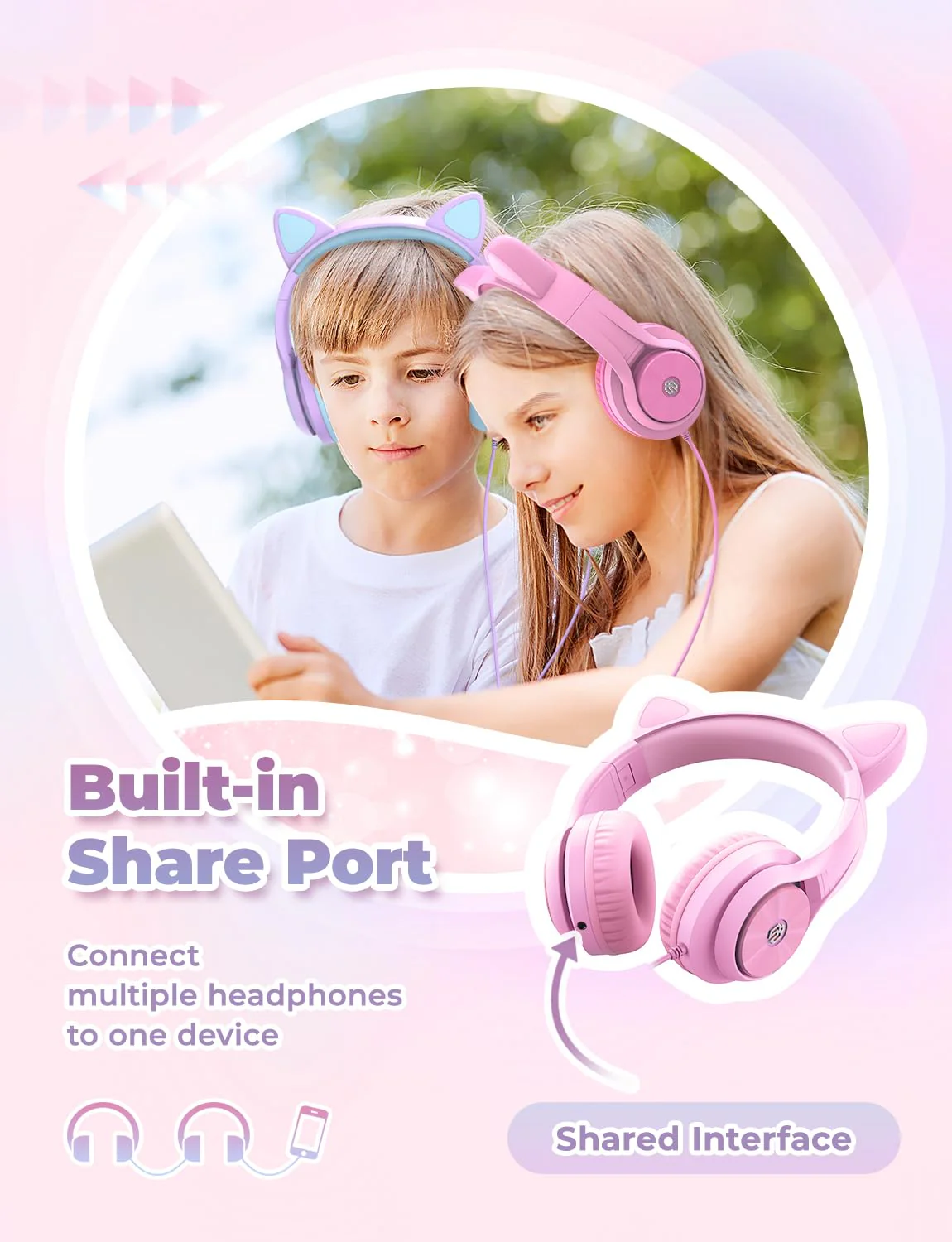 iClever Kids Headphones with Cat Ear Led Light Up, Safe Volume Limite Kids Wired Headphones with FunShare Foldable Over-Ear Headphones for Kids/School/iPad/Tablet/Travel, Meow Donut-Pink Pink Medium - Image 3