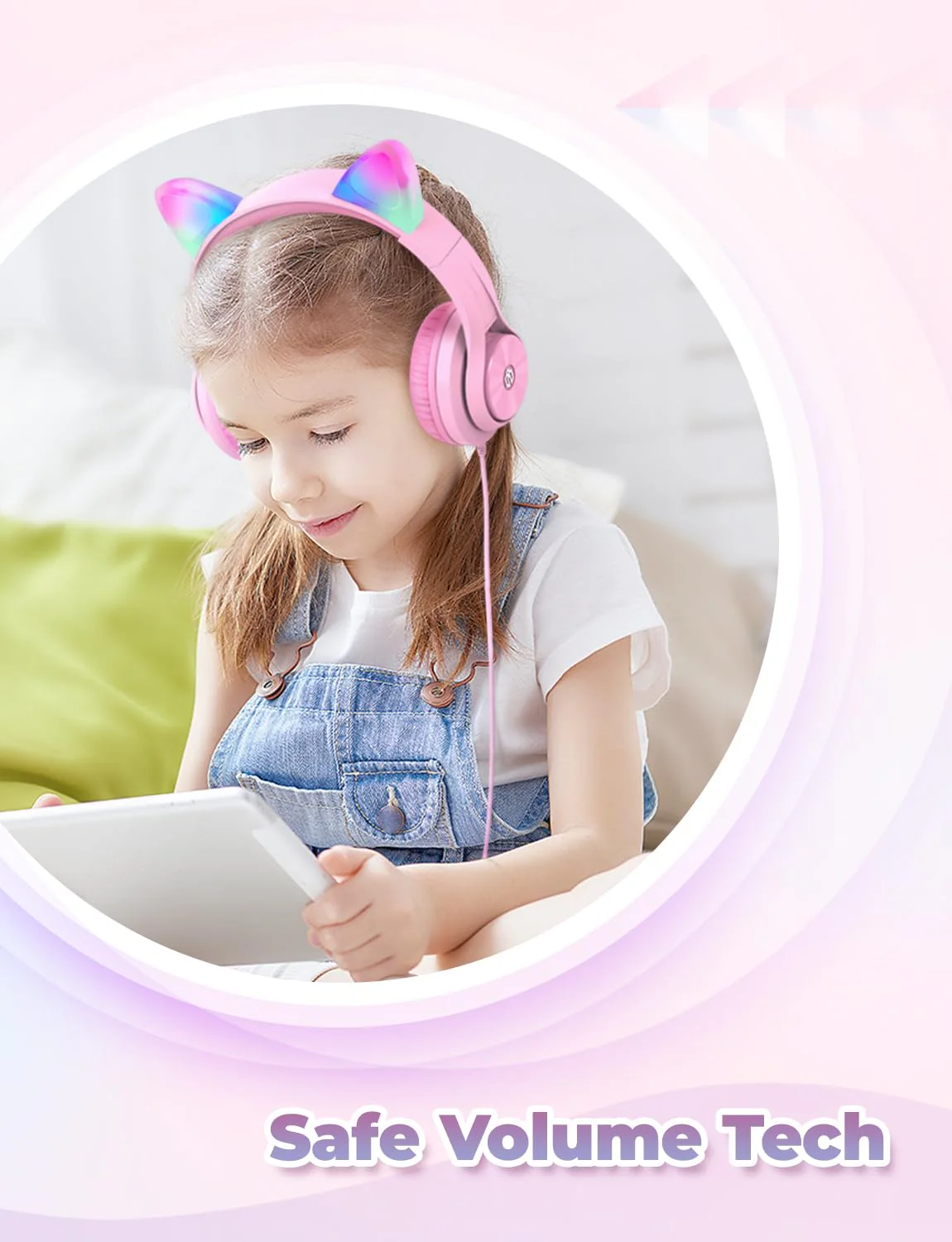 iClever Kids Headphones with Cat Ear Led Light Up, Safe Volume Limite Kids Wired Headphones with FunShare Foldable Over-Ear Headphones for Kids/School/iPad/Tablet/Travel, Meow Donut-Pink Pink Medium - Image 4