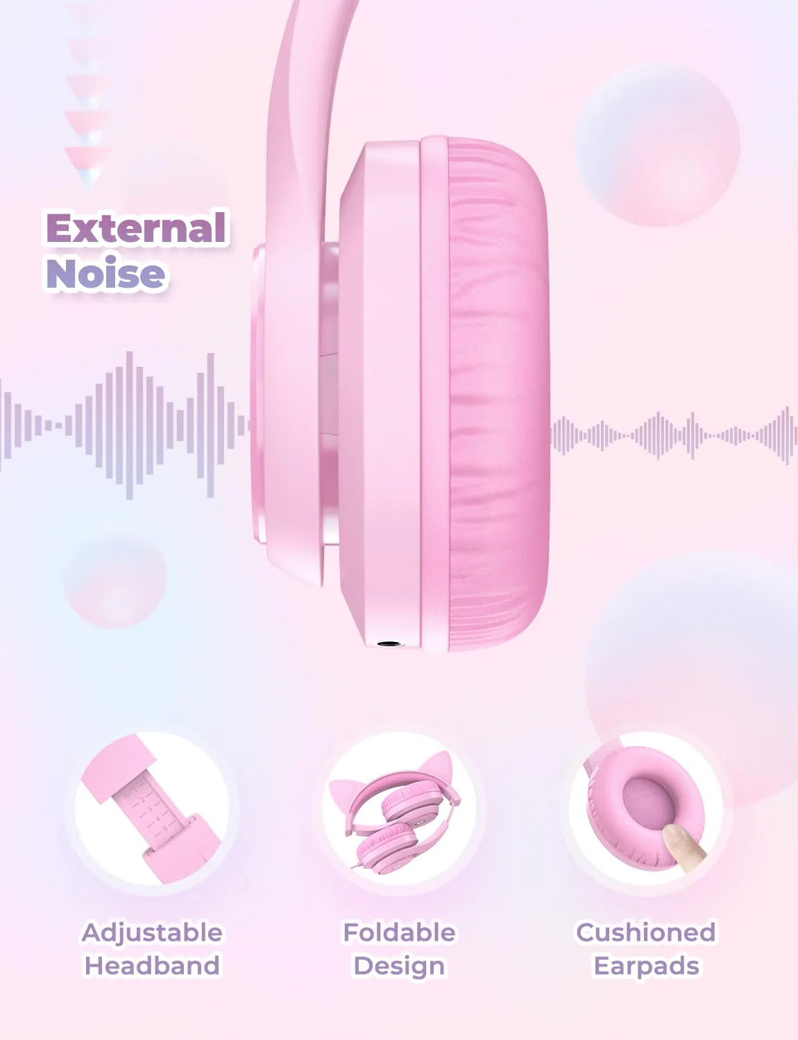 iClever Kids Headphones with Cat Ear Led Light Up, Safe Volume Limite Kids Wired Headphones with FunShare Foldable Over-Ear Headphones for Kids/School/iPad/Tablet/Travel, Meow Donut-Pink Pink Medium - Image 5