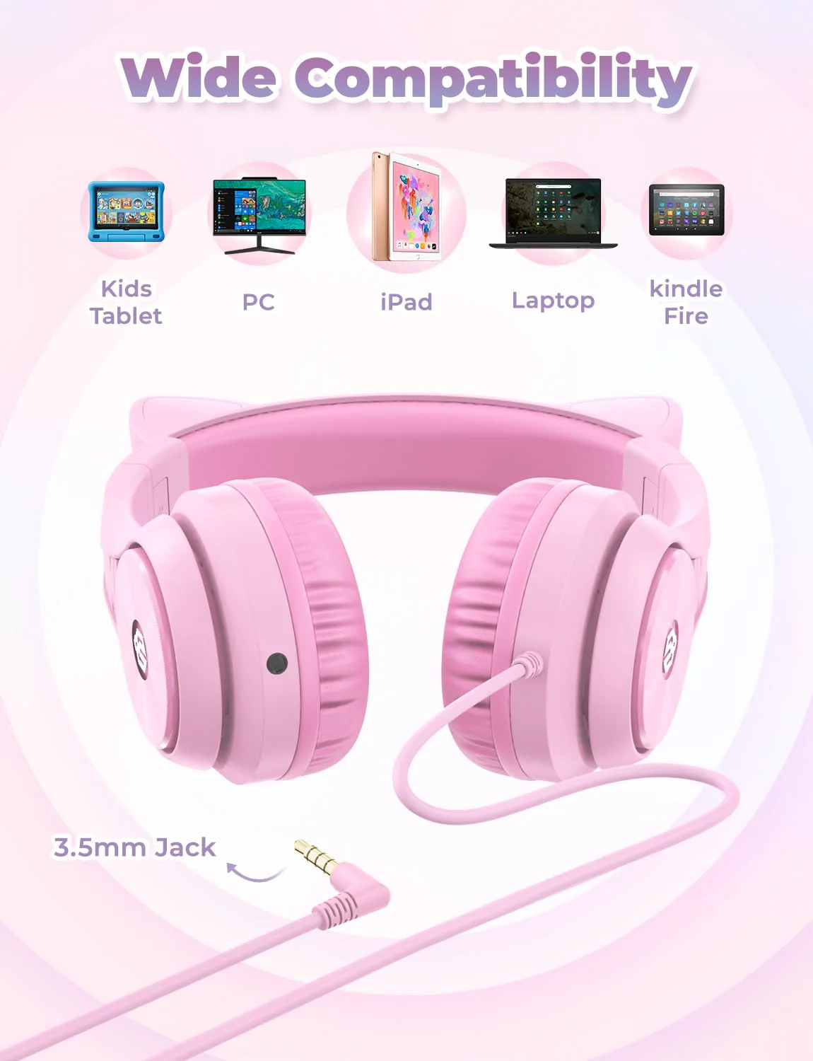 iClever Kids Headphones with Cat Ear Led Light Up, Safe Volume Limite Kids Wired Headphones with FunShare Foldable Over-Ear Headphones for Kids/School/iPad/Tablet/Travel, Meow Donut-Pink Pink Medium - Image 6