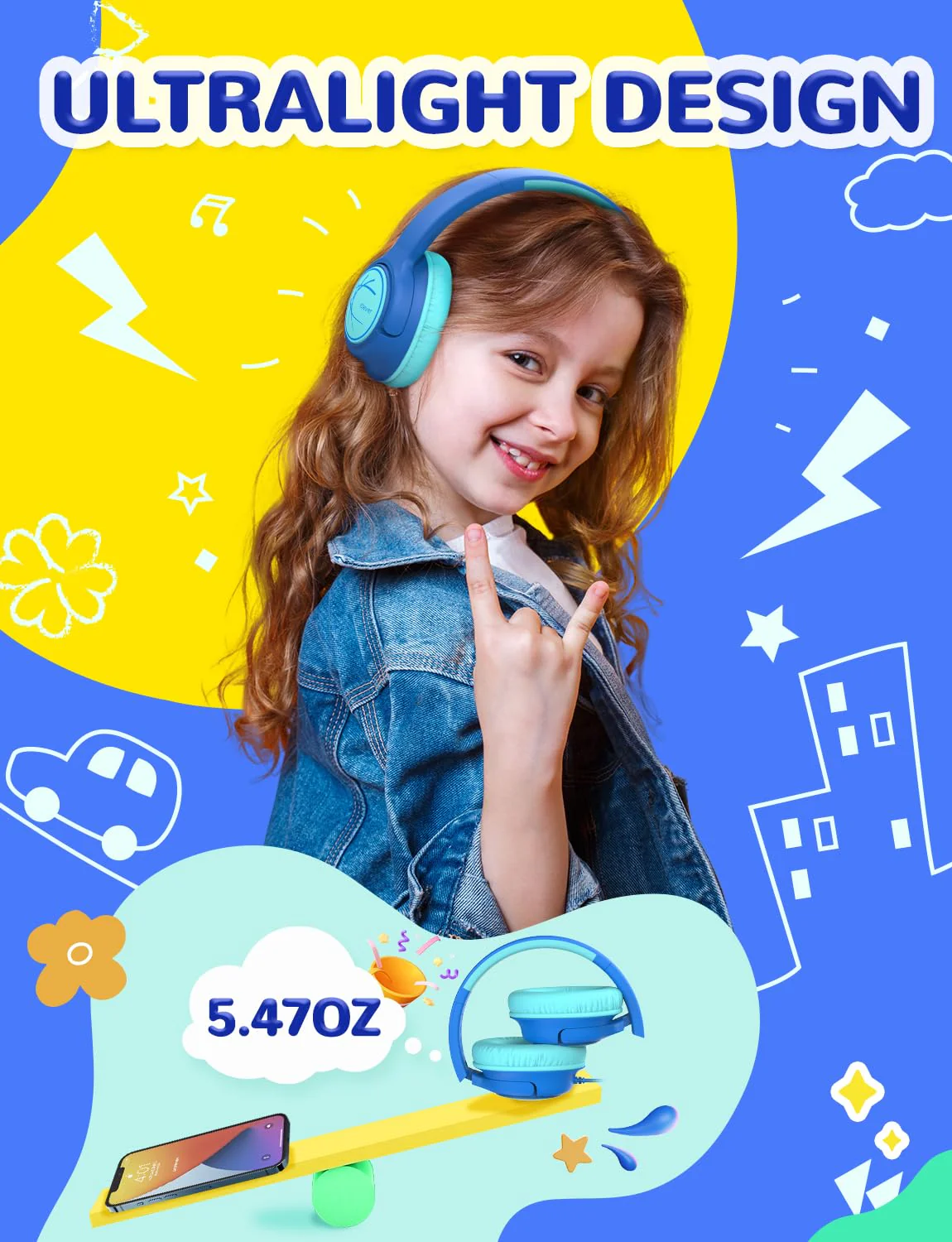 iClever Kids Headphones with Cord, 85dBA Safe Volume Wired Headphones for Kids, Stereo Sound Foldable Adjustable, 3.5mm Jack, Over Ear Kids Headphones for School/Boys/Girls/iPad/Tablet/Travel, Blue - Image 4