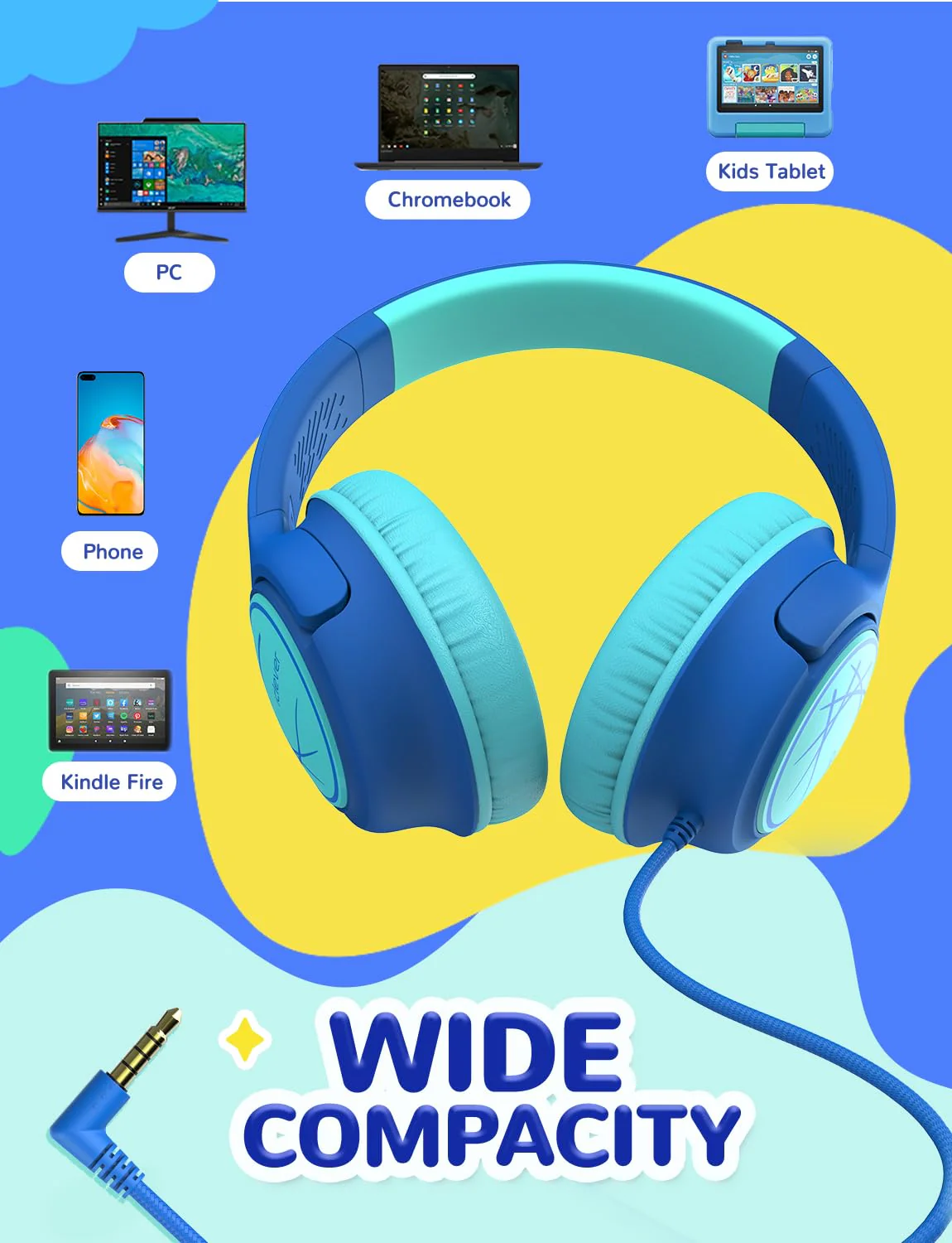 iClever Kids Headphones with Cord, 85dBA Safe Volume Wired Headphones for Kids, Stereo Sound Foldable Adjustable, 3.5mm Jack, Over Ear Kids Headphones for School/Boys/Girls/iPad/Tablet/Travel, Blue - Image 7