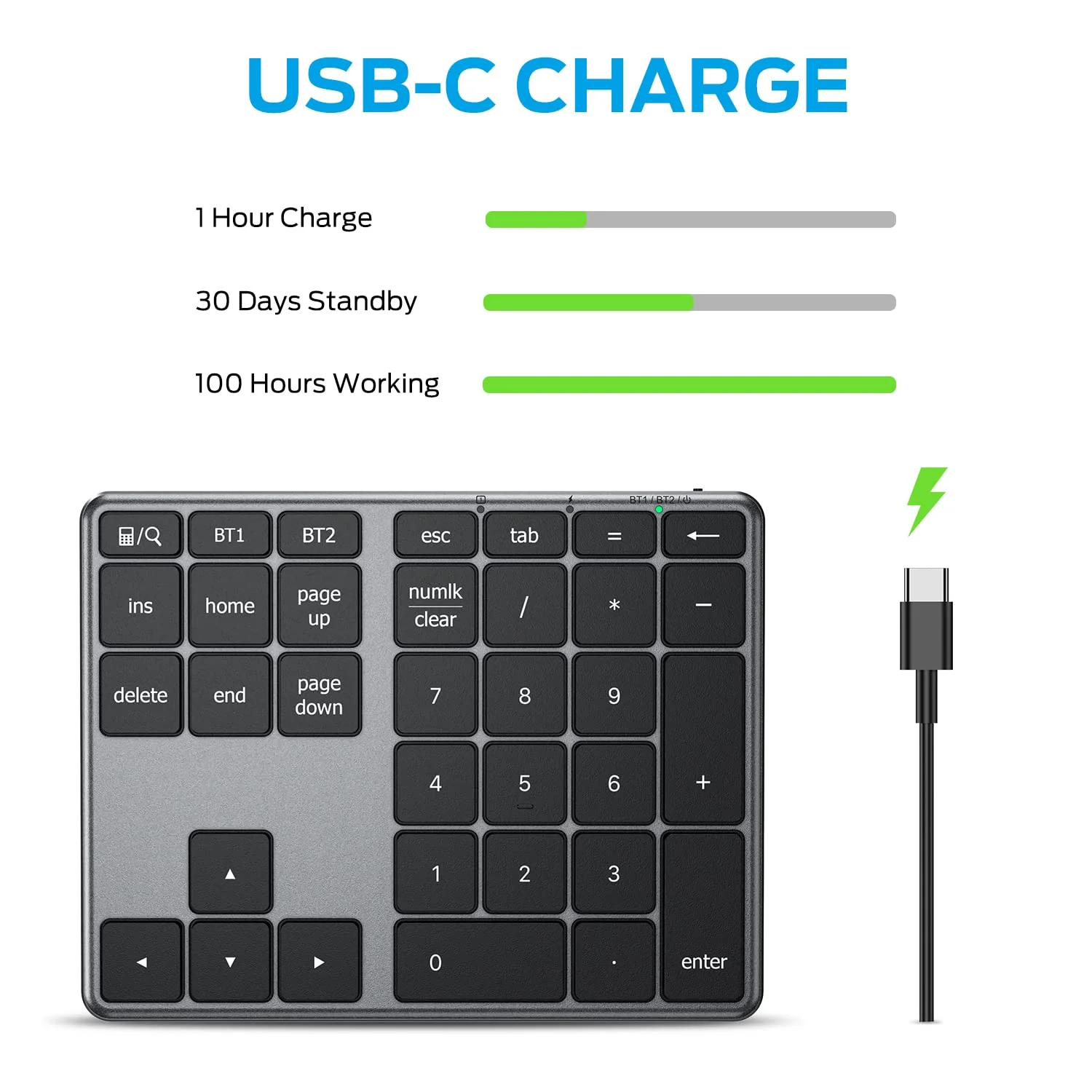 iClever Number Pad, Aluminum Wireless Number Pad for Multi Devices, USB-C Rechargeable, External 34-Keys Bluetooth Keyboard for Data Entry, Compatible for Laptop, Mac, iMac, Tablet, PC Desktop Black - Image 3