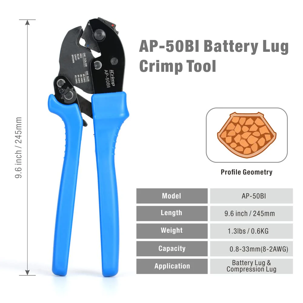 iCrimp AP-50BI Battery Cable Ring Terminal Crimper for 8, 6, 4, 2AWG Copper Cable Lugs, Heavy Duty Wire Lugs and Battery Cable Ends - Image 2