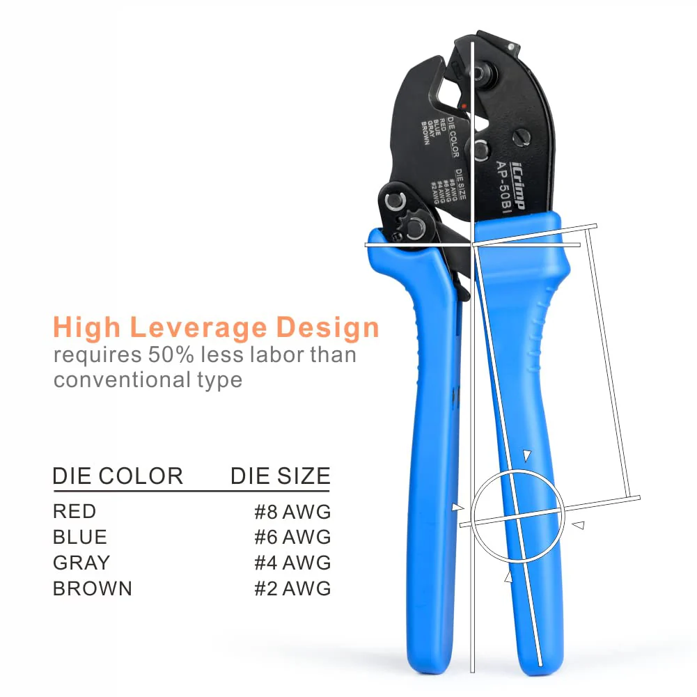 iCrimp AP-50BI Battery Cable Ring Terminal Crimper for 8, 6, 4, 2AWG Copper Cable Lugs, Heavy Duty Wire Lugs and Battery Cable Ends - Image 4