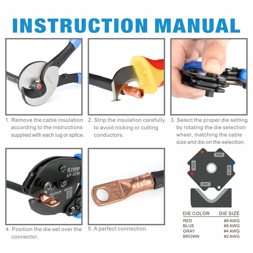 iCrimp AP-50BI Battery Cable Ring Terminal Crimper for 8, 6, 4, 2AWG Copper Cable Lugs, Heavy Duty Wire Lugs and Battery Cable Ends - Image 6