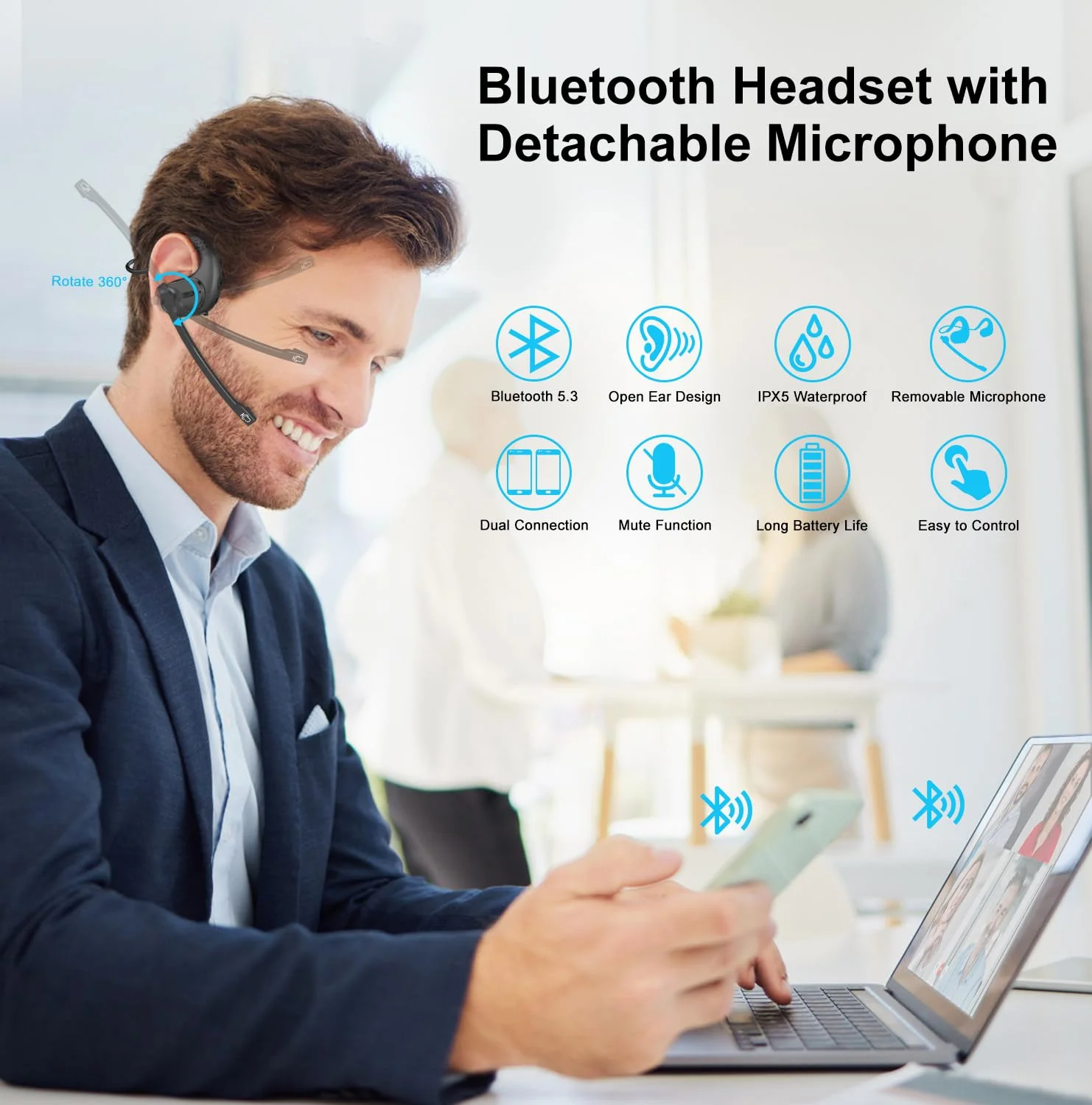 iDIGMALL Bluetooth Headset with Detachable Microphone, Multi-Point Wireless Headset w/DSP Noise Canceling Mic for Phone PC Laptop, Comfort & Light Open Ear headphones for Office Meeting Home Work, 12H G9-Black - Image 2