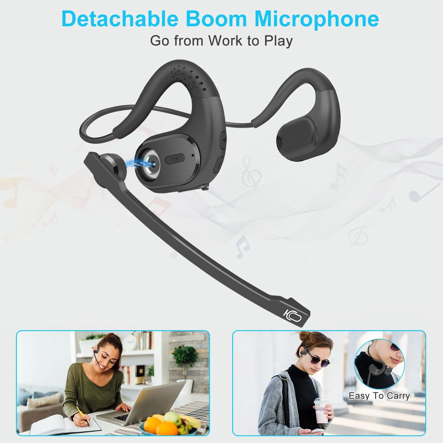 iDIGMALL Bluetooth Headset with Detachable Microphone, Multi-Point Wireless Headset w/DSP Noise Canceling Mic for Phone PC Laptop, Comfort & Light Open Ear headphones for Office Meeting Home Work, 12H G9-Black - Image 3