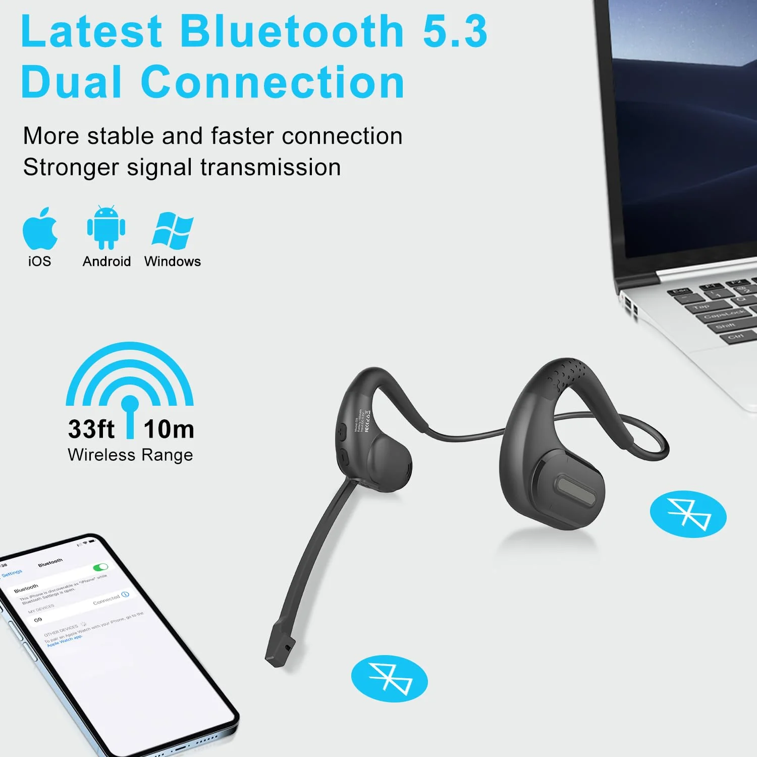 iDIGMALL Bluetooth Headset with Detachable Microphone, Multi-Point Wireless Headset w/DSP Noise Canceling Mic for Phone PC Laptop, Comfort & Light Open Ear headphones for Office Meeting Home Work, 12H G9-Black - Image 7