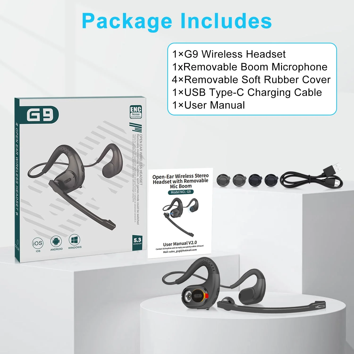 iDIGMALL Bluetooth Headset with Detachable Microphone, Multi-Point Wireless Headset w/DSP Noise Canceling Mic for Phone PC Laptop, Comfort & Light Open Ear headphones for Office Meeting Home Work, 12H G9-Black - Image 9