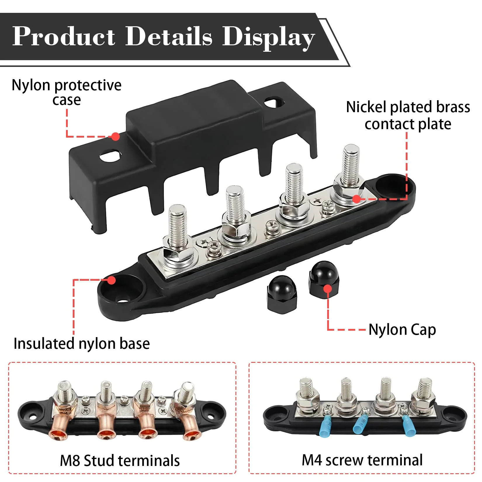 Idota Bus Bar 12 V - 48 V DC Bus Bars Distribution Block 150 A Busbar with M8 Terminal Bolts Power Rail for Car Boat Solar System - Image 3