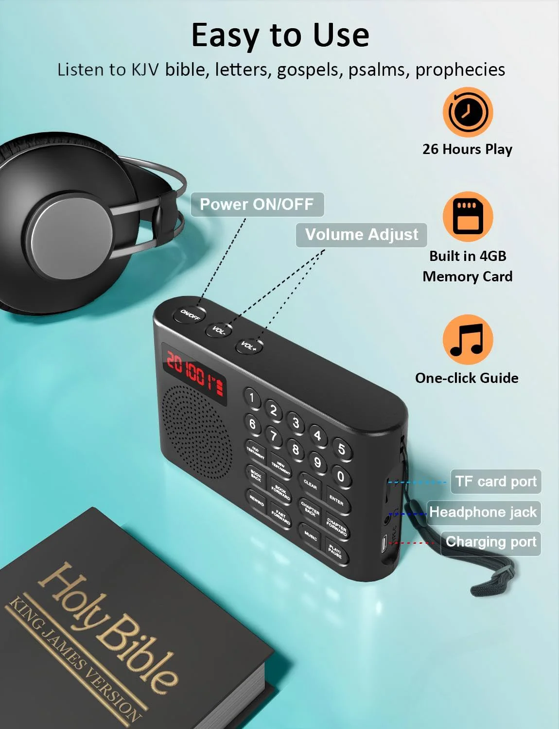 iGuerburn KJV Audio Bible Player for Seniors, Electronic Bible Old & New Testament in King James Version, Easy Read Talking Bible with 26H Playtime - Image 3