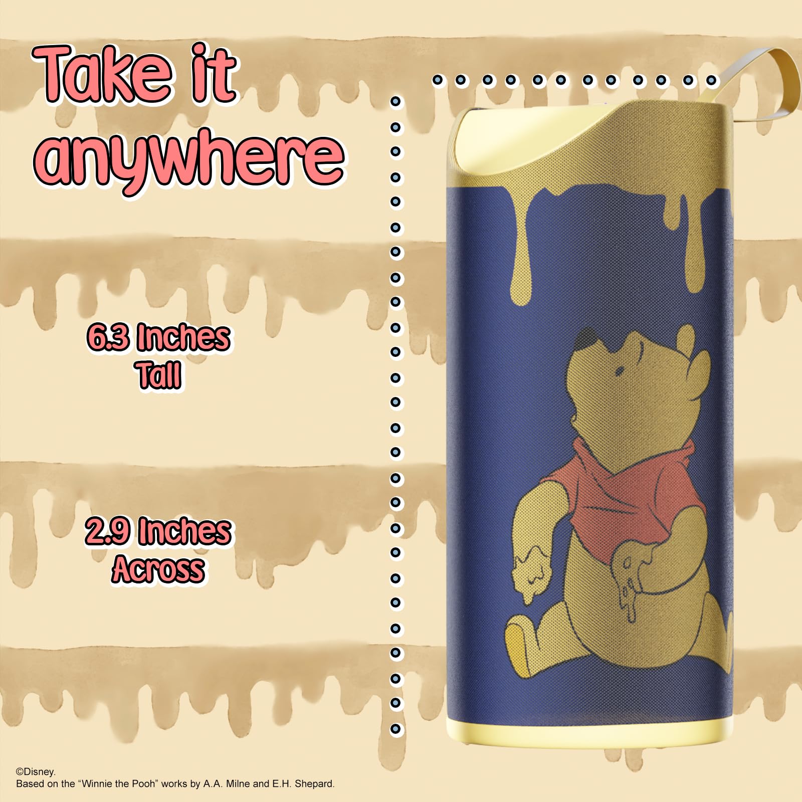 iJoy Disney Winnie The Pooh Wireless Bluetooth Speaker- Splashproof Rechargeable Wireless Speaker w/ 3Hrs Playtime/SD Slot/FM Radio | Classic Winnie The Pooh Gifts for Women, Men, Teens and Kids Honey Drip - Image 5