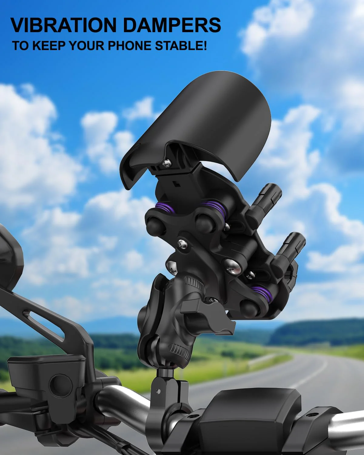 iMESTOU Anti-Vibration Motorcycle Phone Mount, Shock Damping Bike Cellphone Holder with 1" Ball Mount Base 720° Rotatable Fits for 12-32mm Handlebars, Widely Compatible with 5.4"-7.0" Smartphones - Image 2