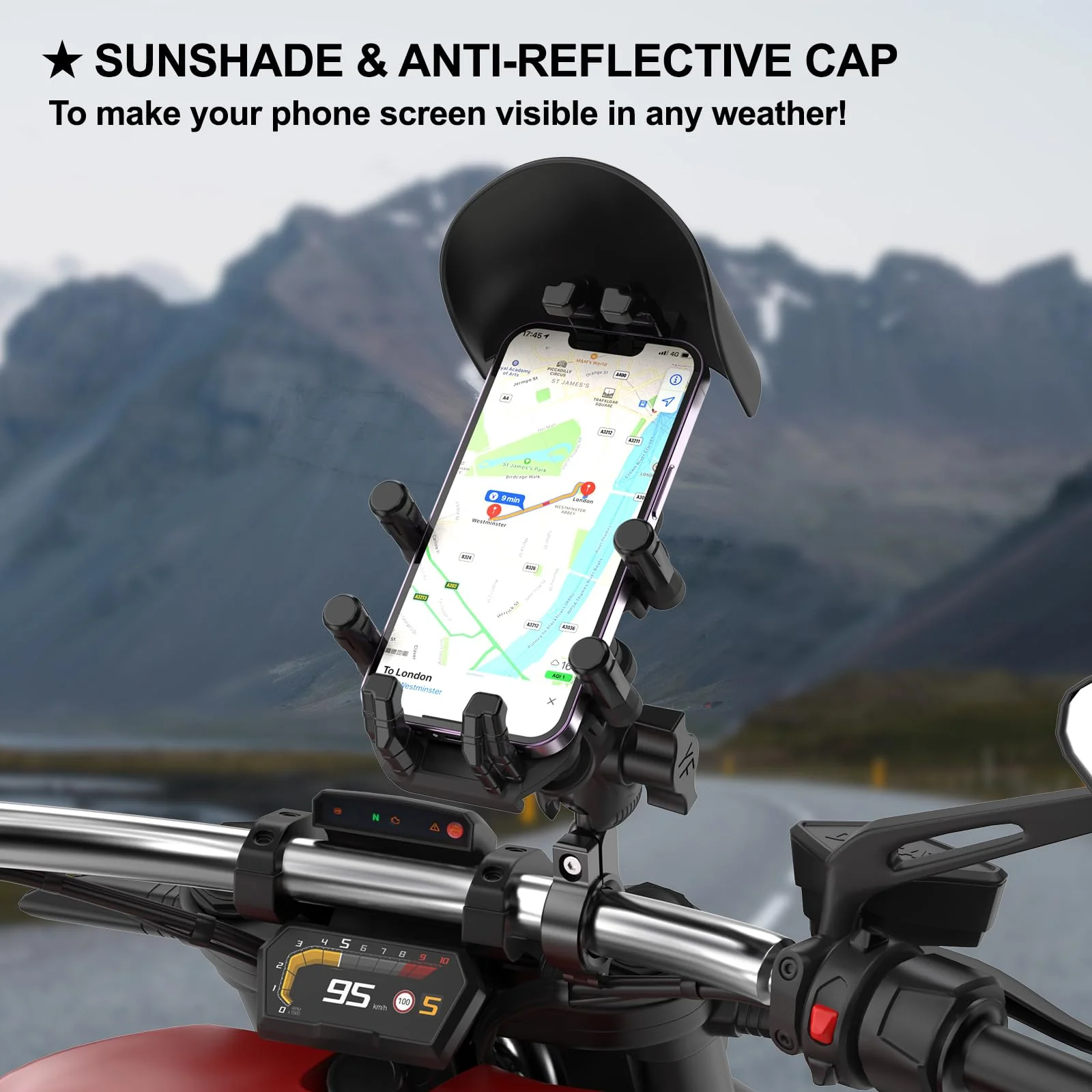 iMESTOU Anti-Vibration Motorcycle Phone Mount, Shock Damping Bike Cellphone Holder with 1" Ball Mount Base 720° Rotatable Fits for 12-32mm Handlebars, Widely Compatible with 5.4"-7.0" Smartphones - Image 3