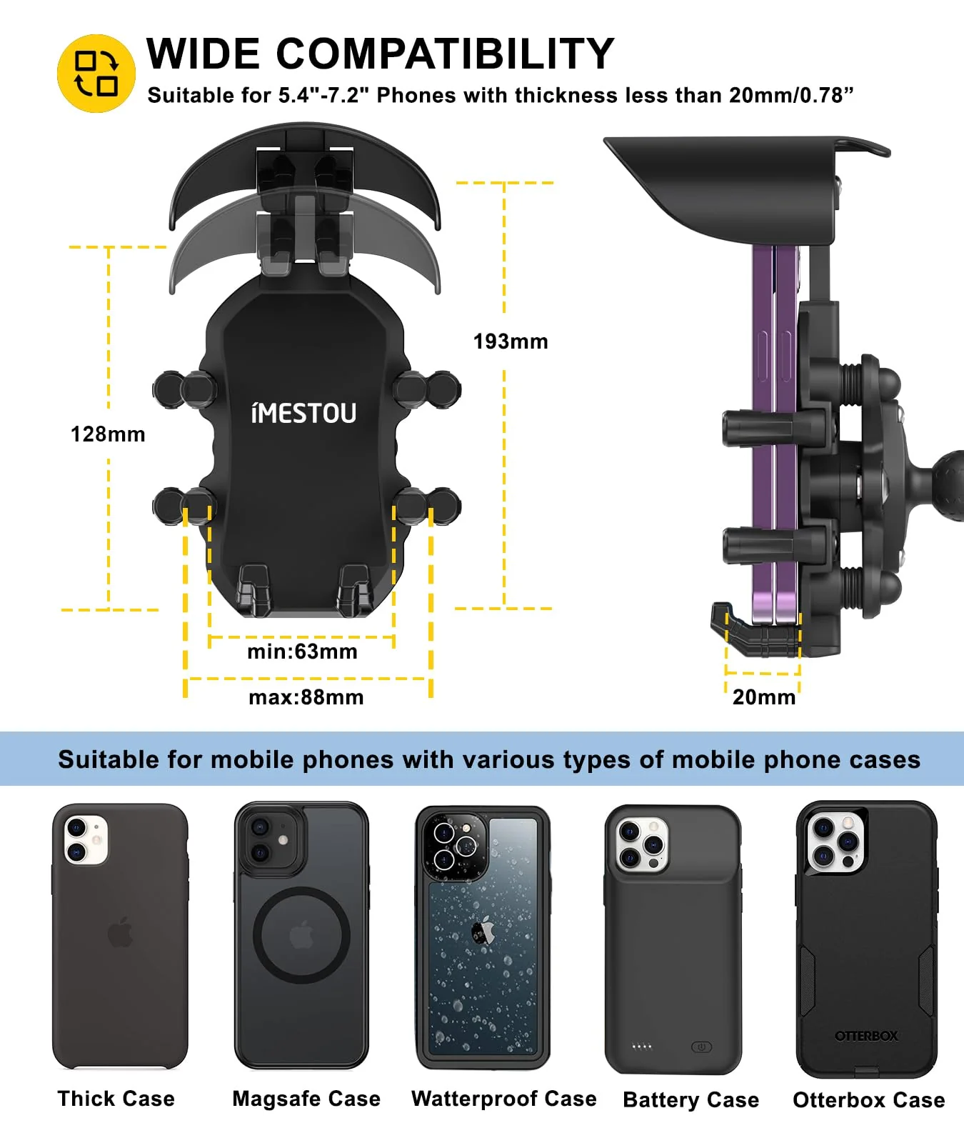iMESTOU Anti-Vibration Motorcycle Phone Mount, Shock Damping Bike Cellphone Holder with 1" Ball Mount Base 720° Rotatable Fits for 12-32mm Handlebars, Widely Compatible with 5.4"-7.0" Smartphones - Image 4