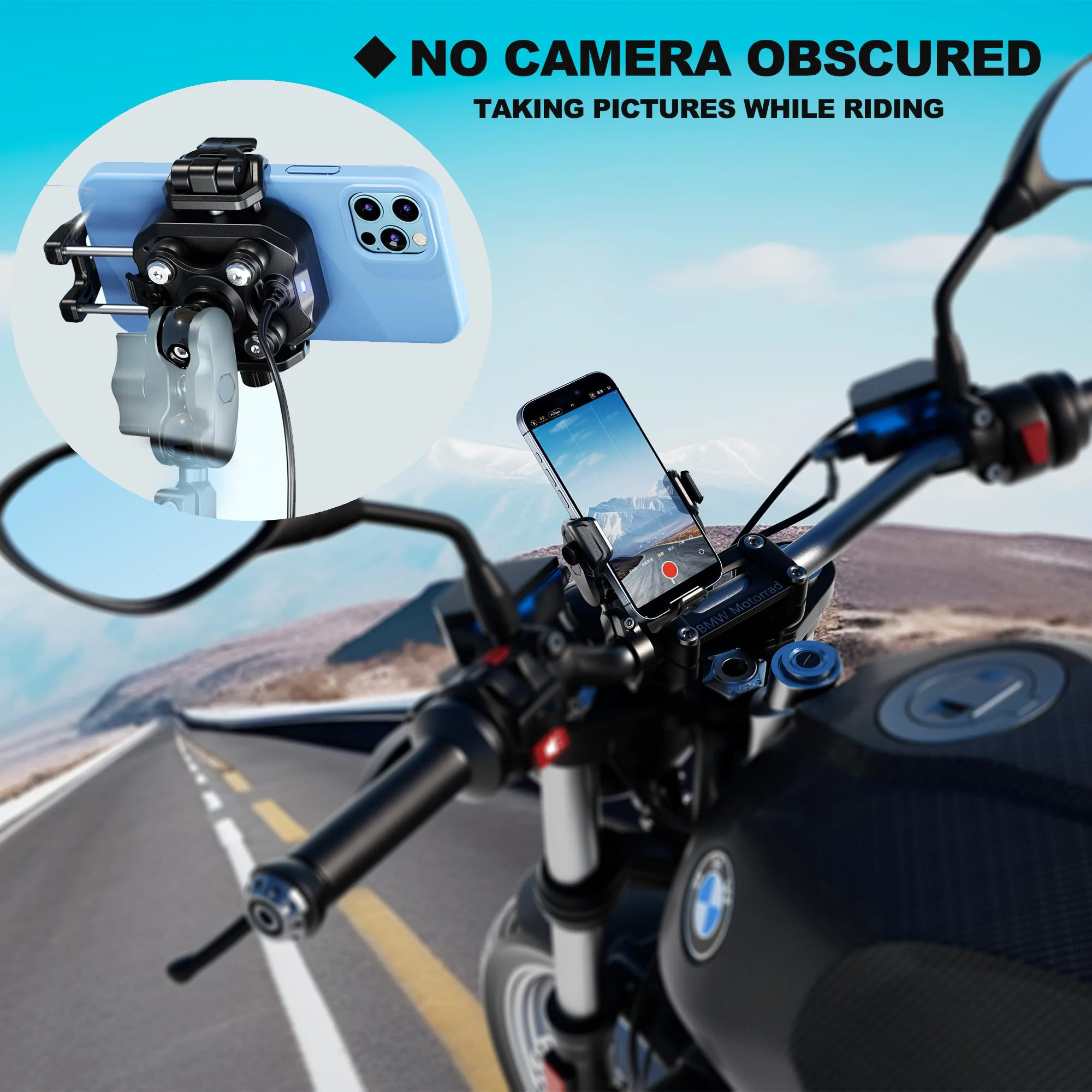 iMESTOU Motorcycle Phone Mount with Wireless Charger 15W & USB-C Port 36W, Shock Absorption 1" Ball Mount Fits for 5.4"-7.2" Phones Up to 15mm Thick, Works with 12-24V Vehicles (without mounting base) - Image 2
