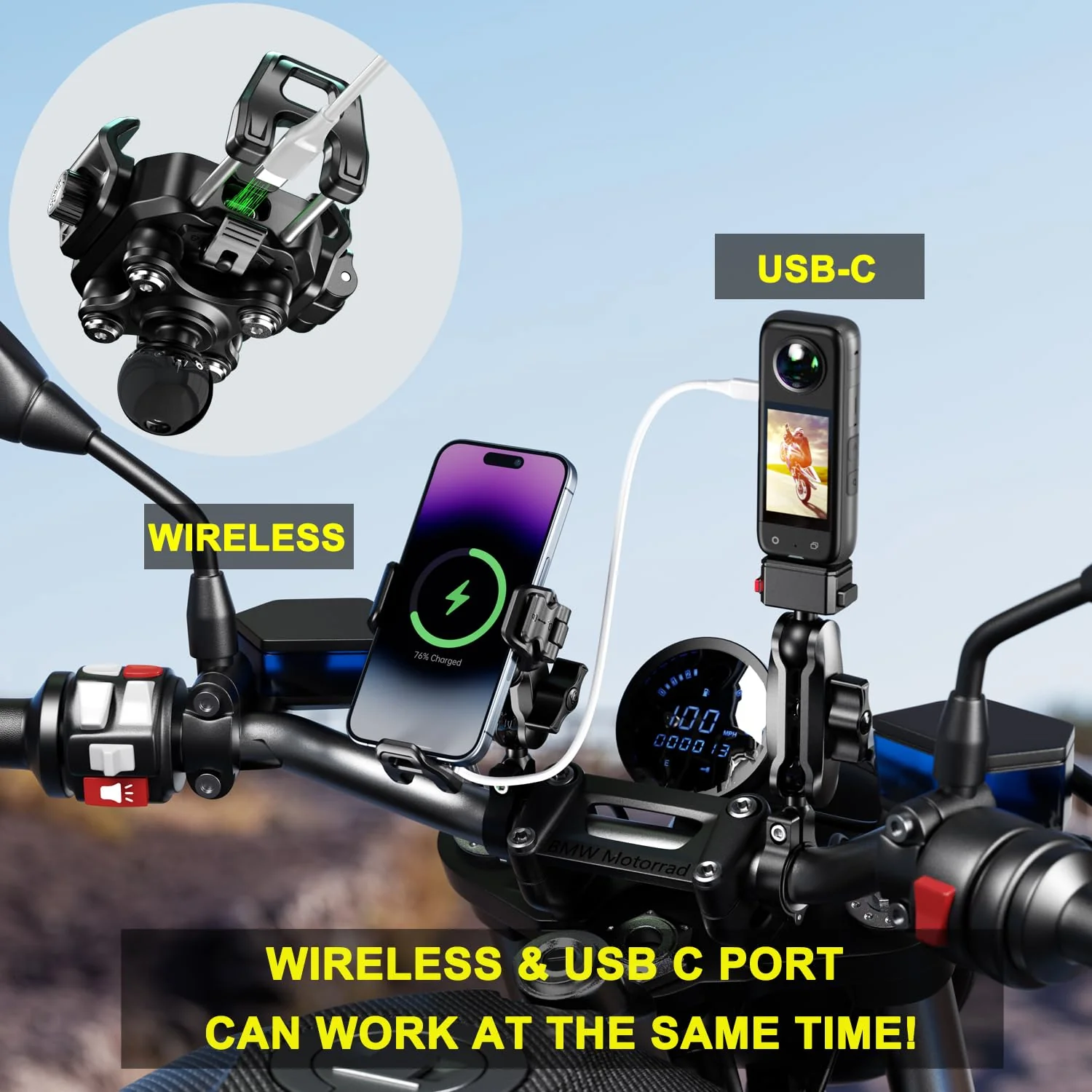 iMESTOU Motorcycle Phone Mount with Wireless Charger 15W & USB-C Port 36W, Shock Absorption 1" Ball Mount Fits for 5.4"-7.2" Phones Up to 15mm Thick, Works with 12-24V Vehicles (without mounting base) - Image 3