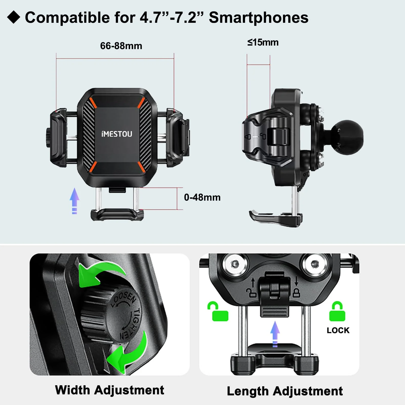 iMESTOU Motorcycle Phone Mount with Wireless Charger 15W & USB-C Port 36W, Shock Absorption 1" Ball Mount Fits for 5.4"-7.2" Phones Up to 15mm Thick, Works with 12-24V Vehicles (without mounting base) - Image 5