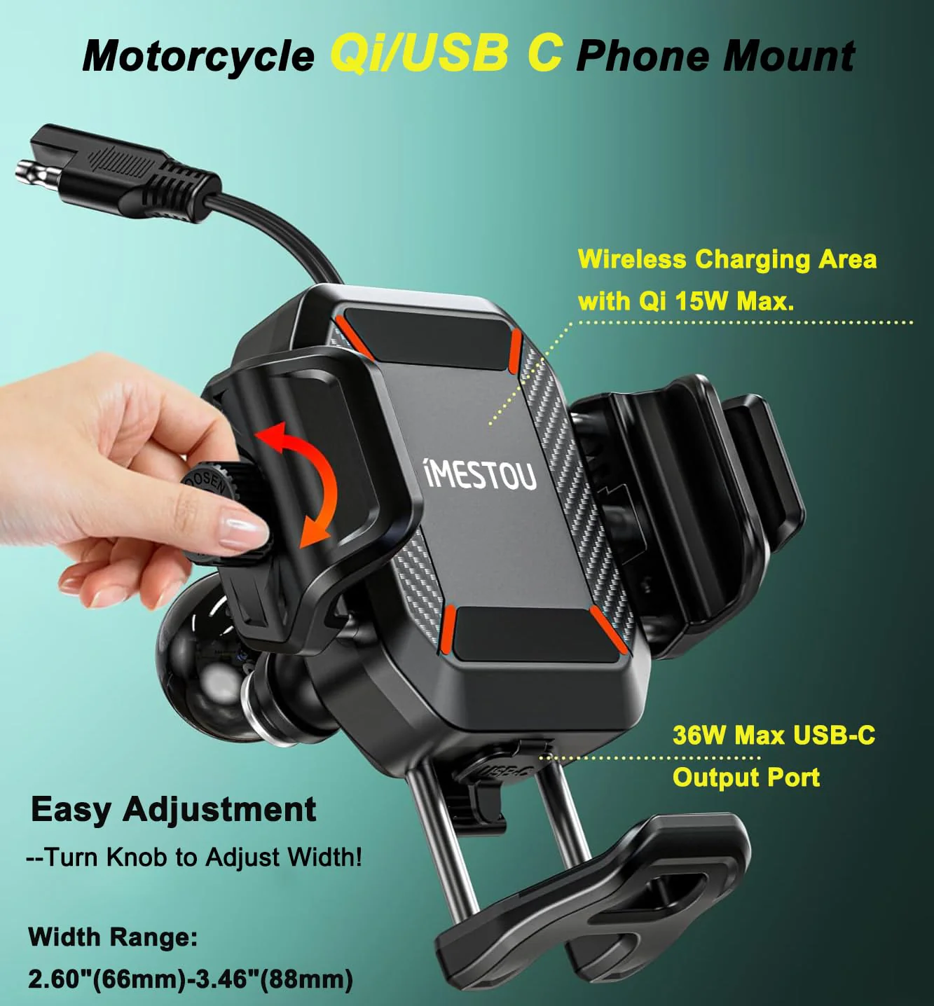 iMESTOU Motorcycle Phone Mount with Wireless Charger 15W & USB-C Port 36W, Shock Absorption 1" Ball Mount Fits for 5.4"-7.2" Phones Up to 15mm Thick, Works with 12-24V Vehicles (without mounting base) - Image 6