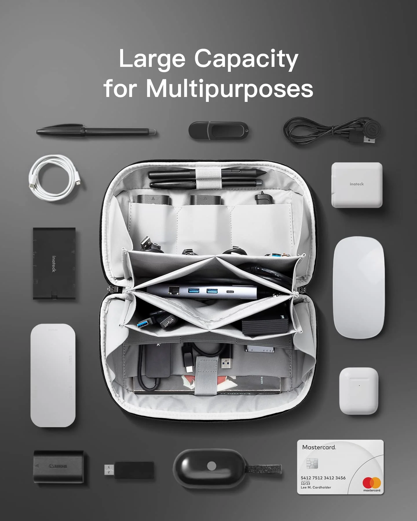 Inateck Electronics Organizer Travel Case, Water-resistant Tech Pouch, Travel Organizer Bag, Electronic Accessories Carry Case, Tech Organizer for Cable, Cord, Charger, Phone, Travel Friendly, Large Black - Image 3