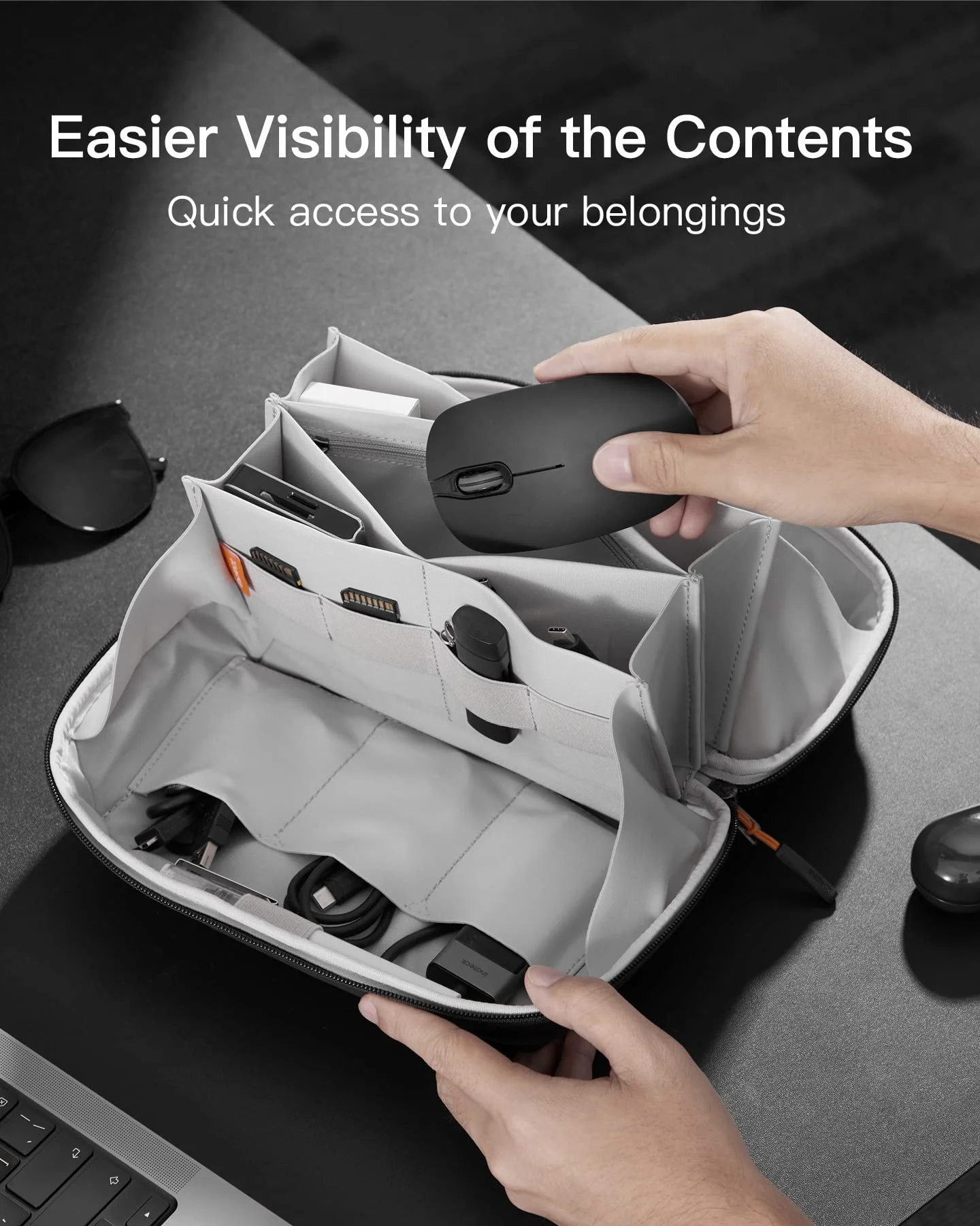 Inateck Electronics Organizer Travel Case, Water-resistant Tech Pouch, Travel Organizer Bag, Electronic Accessories Carry Case, Tech Organizer for Cable, Cord, Charger, Phone, Travel Friendly, Large Black - Image 7