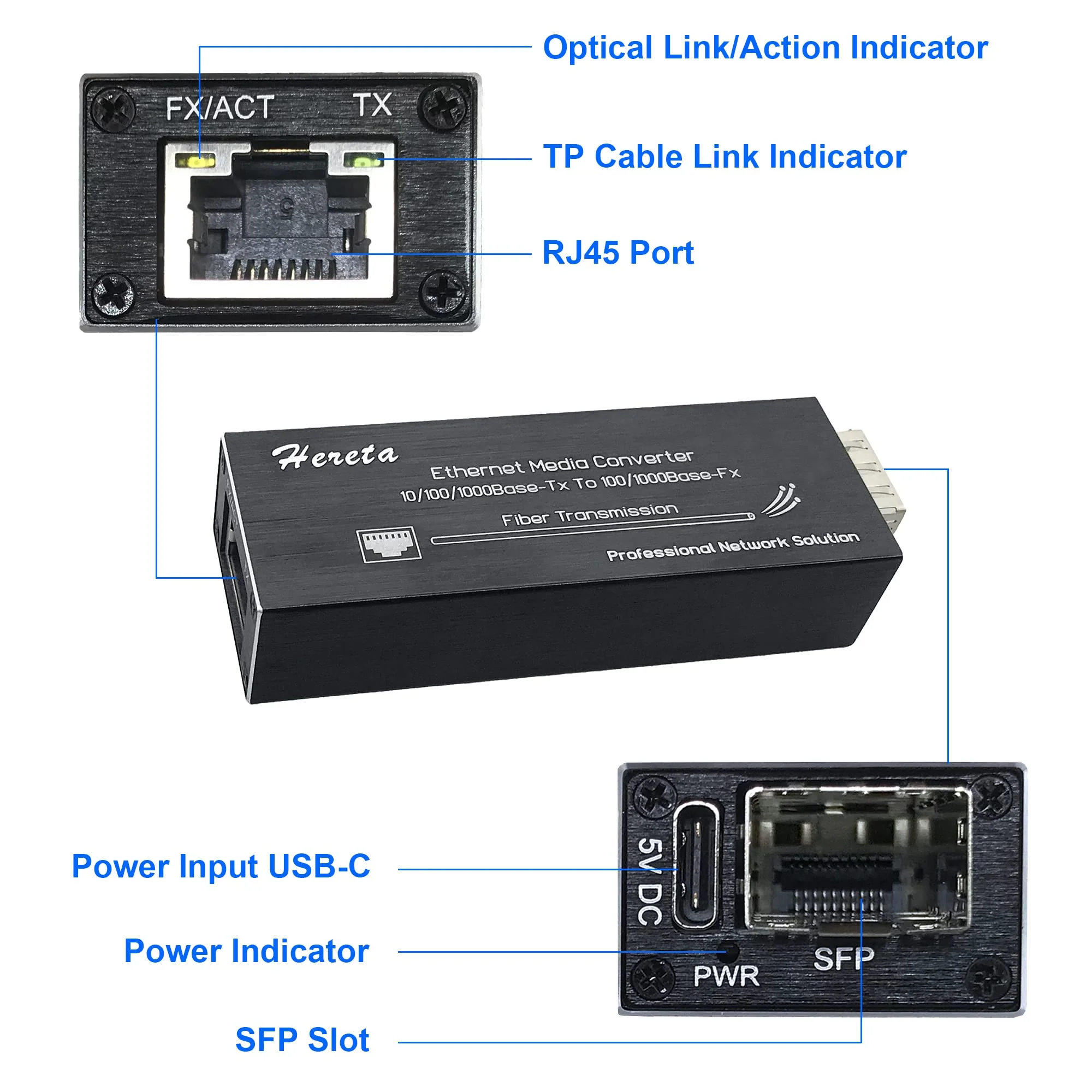 Industrial Gigabit Fiber Media Converter with Single Mode Dual Fiber SFP/LC Module 10/100/1000Base-TX to 100/1000Base-Fx Mini Ethernet Media Hardened Converter USB Type C Power Input - Image 4