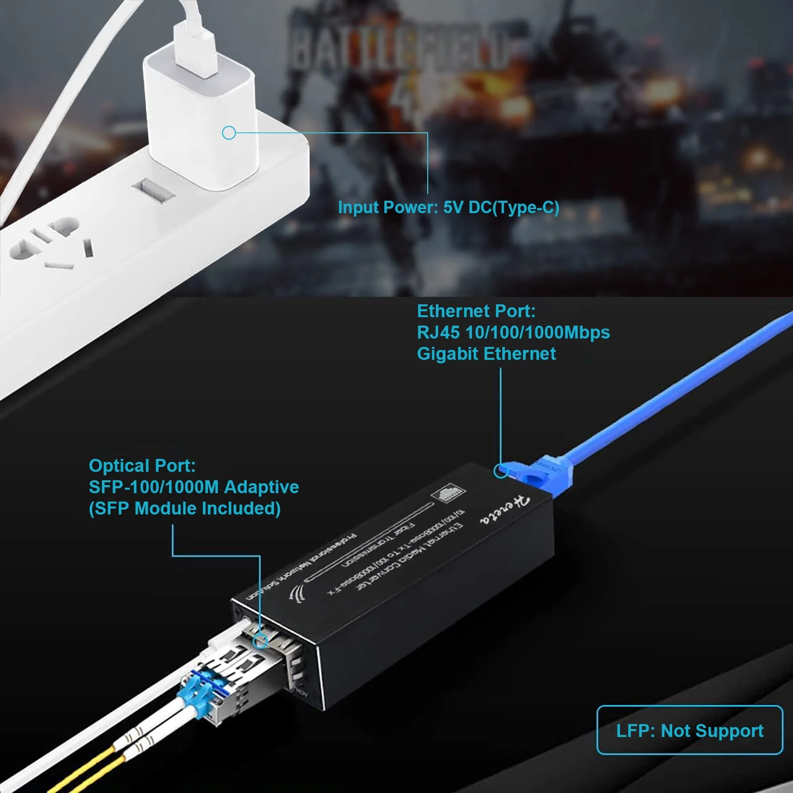 Industrial Gigabit Fiber Media Converter with Single Mode Dual Fiber SFP/LC Module 10/100/1000Base-TX to 100/1000Base-Fx Mini Ethernet Media Hardened Converter USB Type C Power Input - Image 6