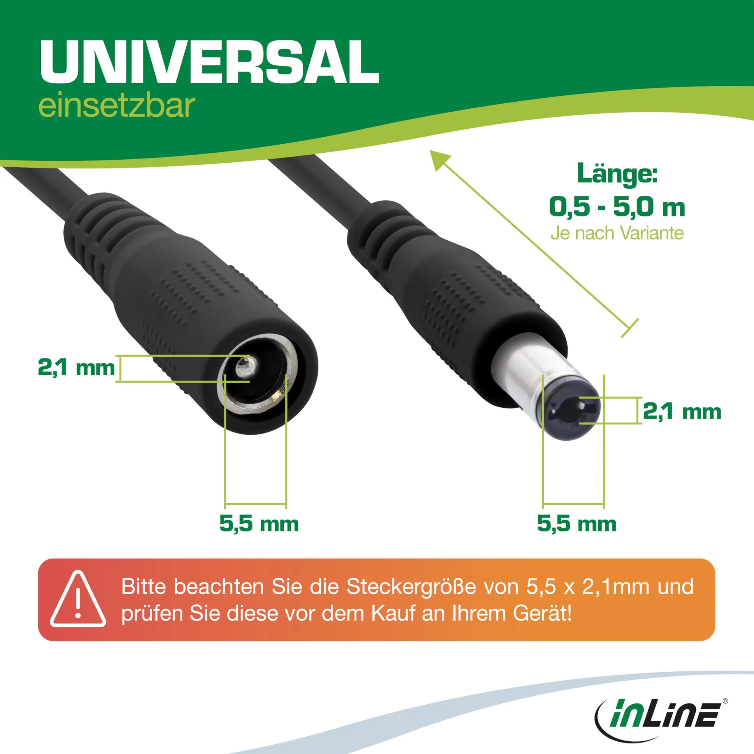 InLine - DC Extension Cable, Universal Power Supply Extension Cable for LED Strips, Security Cameras, Printers, Routers, Switches and much more, DC Male/Female 5.5 x 2.1 mm, Black, 1 m 1m - Image 2