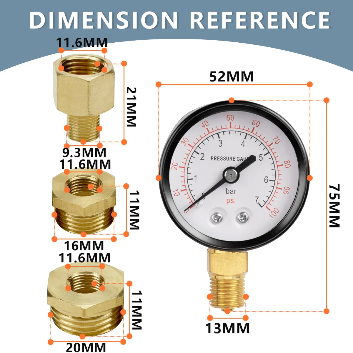 Innfeeltech 50mm Well Pump Pressure Gauge BSP 1/4" 0-7 Bar, 0-100 Psi with Bushings & Nipple Reducer, 1 Teflon Tape, Radial 50MM, 7bar(100psi) - Image 2