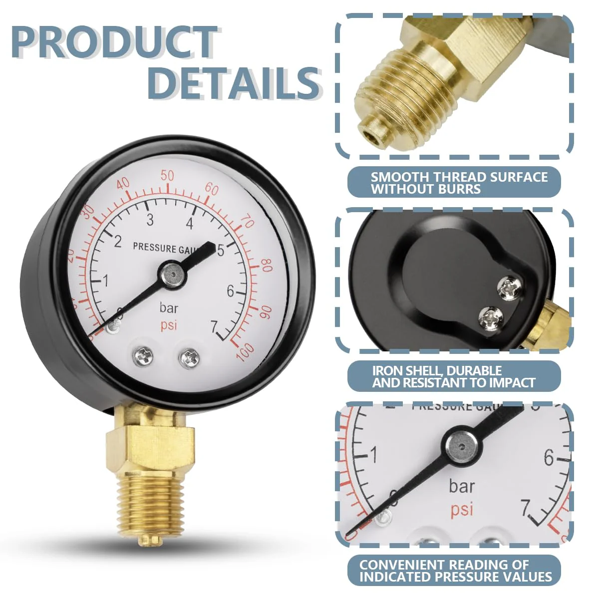 Innfeeltech 50mm Well Pump Pressure Gauge BSP 1/4" 0-7 Bar, 0-100 Psi with Bushings & Nipple Reducer, 1 Teflon Tape, Radial 50MM, 7bar(100psi) - Image 3