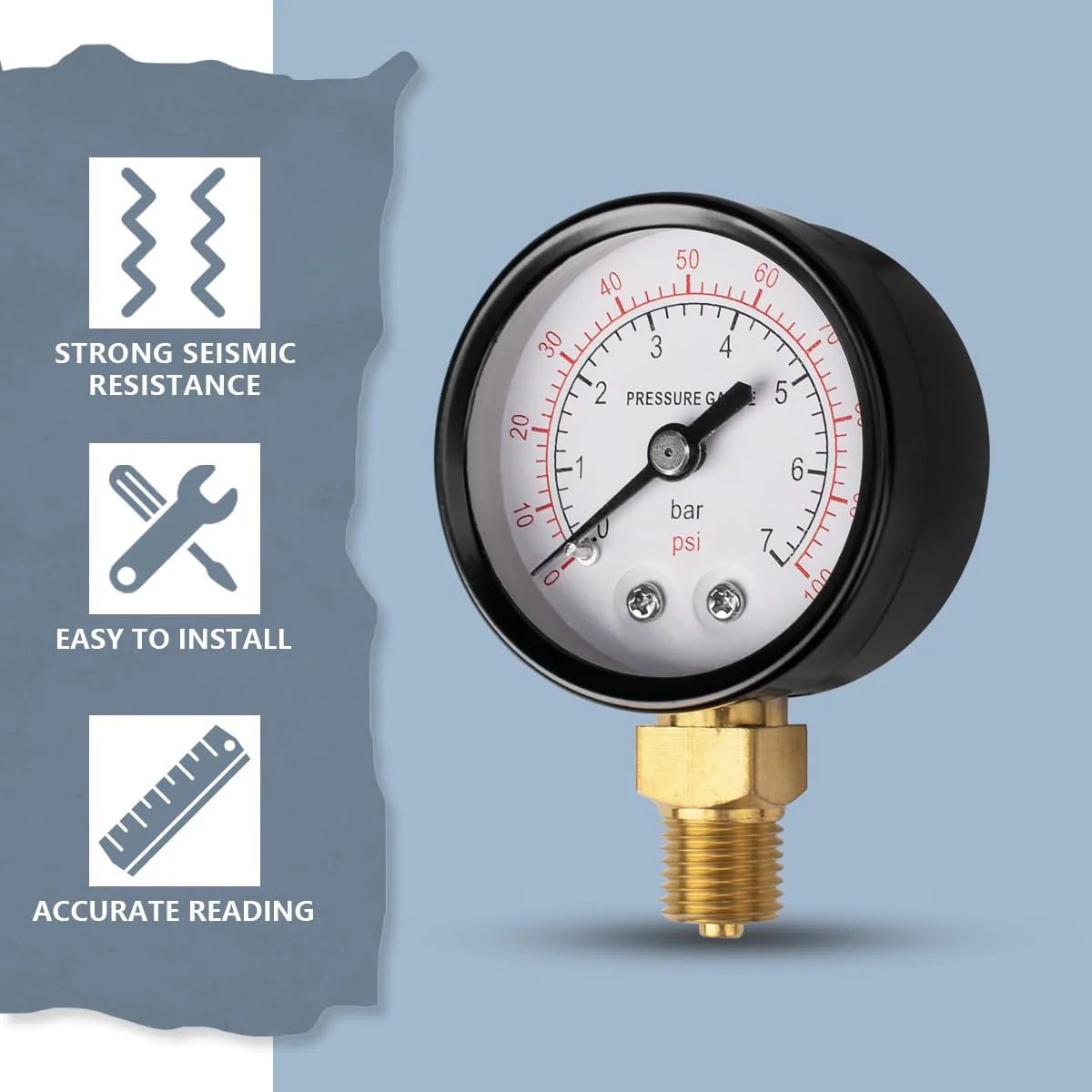 Innfeeltech 50mm Well Pump Pressure Gauge BSP 1/4" 0-7 Bar, 0-100 Psi with Bushings & Nipple Reducer, 1 Teflon Tape, Radial 50MM, 7bar(100psi) - Image 6