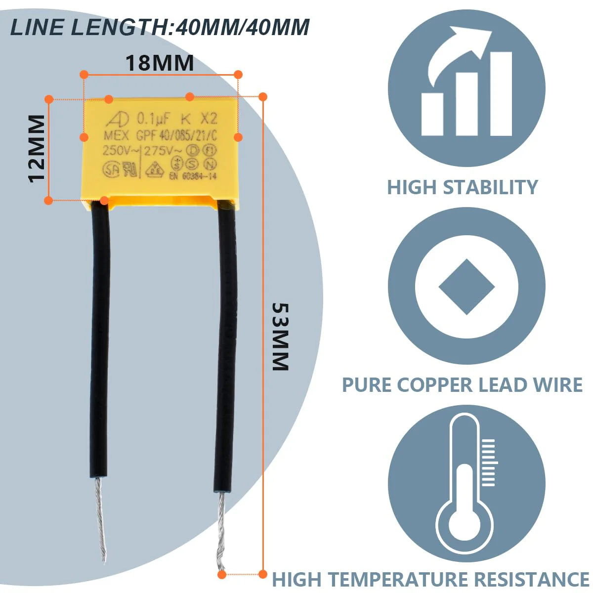 Innfeeltech Safety Capacitors 0.1uF 275V X2 Anti-Interference for Differential Interference Capacitors 18 x 12 x 6 mm, Pitch P 40/40 mm, Pack of 8 0.1uF 40mm/40mm - Image 2