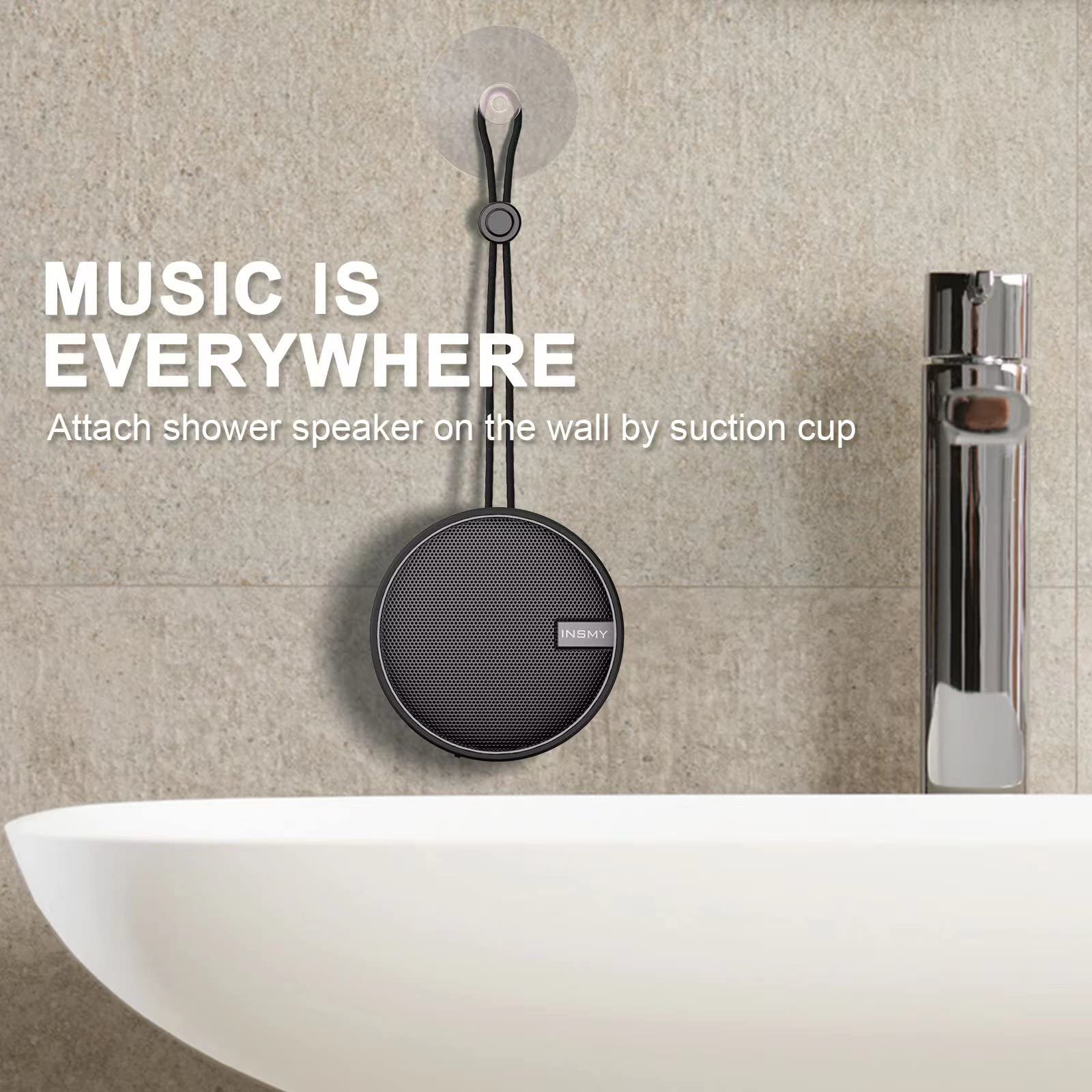 INSMY C12 IPX7 Waterproof Shower Bluetooth Speaker, Portable Small Speaker, Speakers Bluetooth Wireless Loud Clear Sound Support TF Card Suction Cup for Kayak Canoe Beach Gift (Black) Black - Image 6