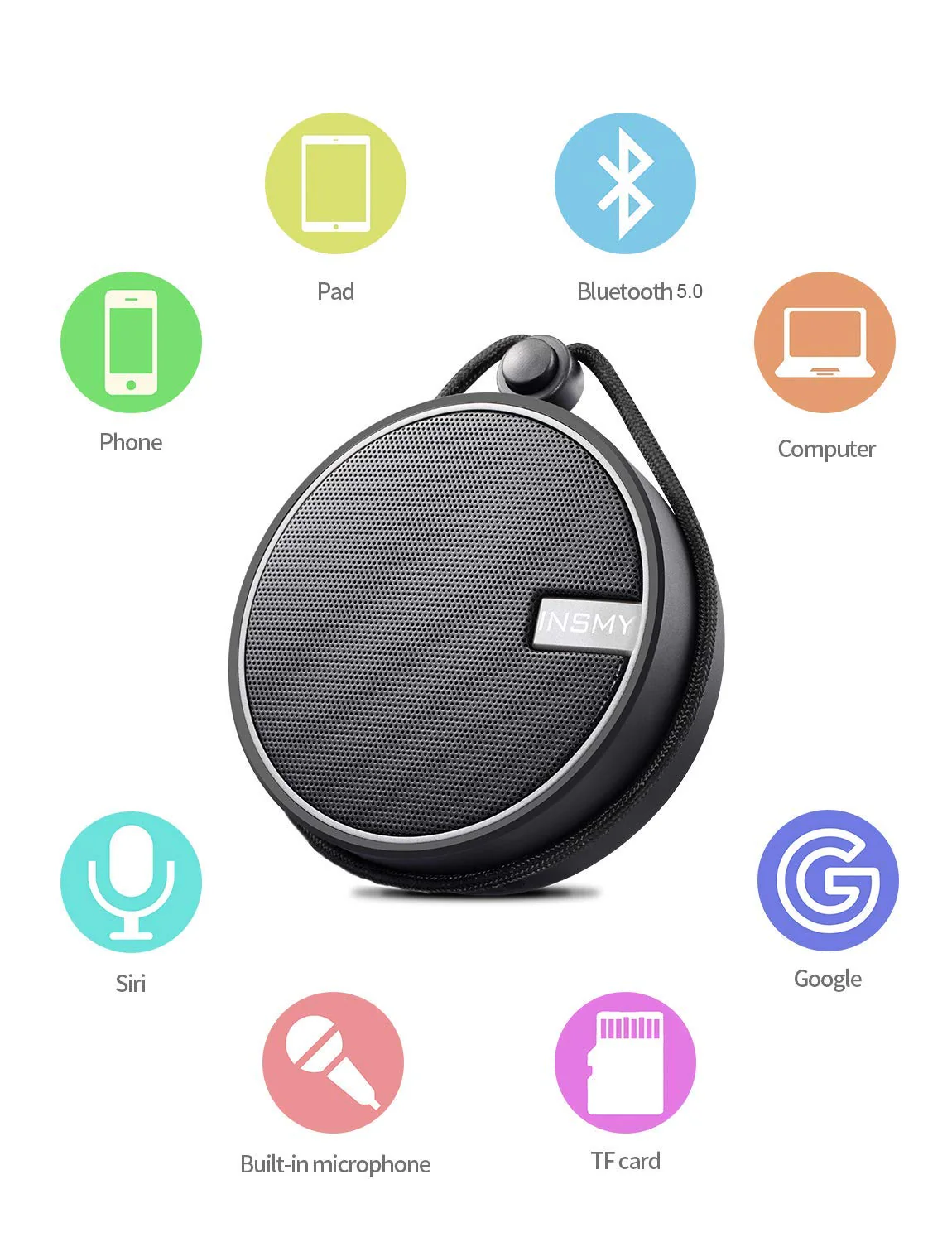 INSMY C12 IPX7 Waterproof Shower Bluetooth Speaker, Portable Small Speaker, Speakers Bluetooth Wireless Loud Clear Sound Support TF Card Suction Cup for Kayak Canoe Beach Gift (Black) Black - Image 7