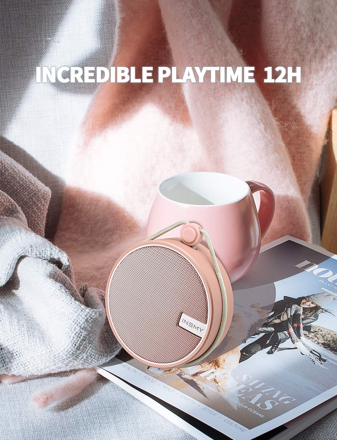 INSMY C12 IPX7 Waterproof Shower Bluetooth Speaker, Portable Small Speaker, Speakers Bluetooth Wireless Loud Clear Sound Support TF Card Suction Cup for Outdoor Kayak Canoe Beach Gift (Cashmere Pink) Cashmere Pink - Image 4
