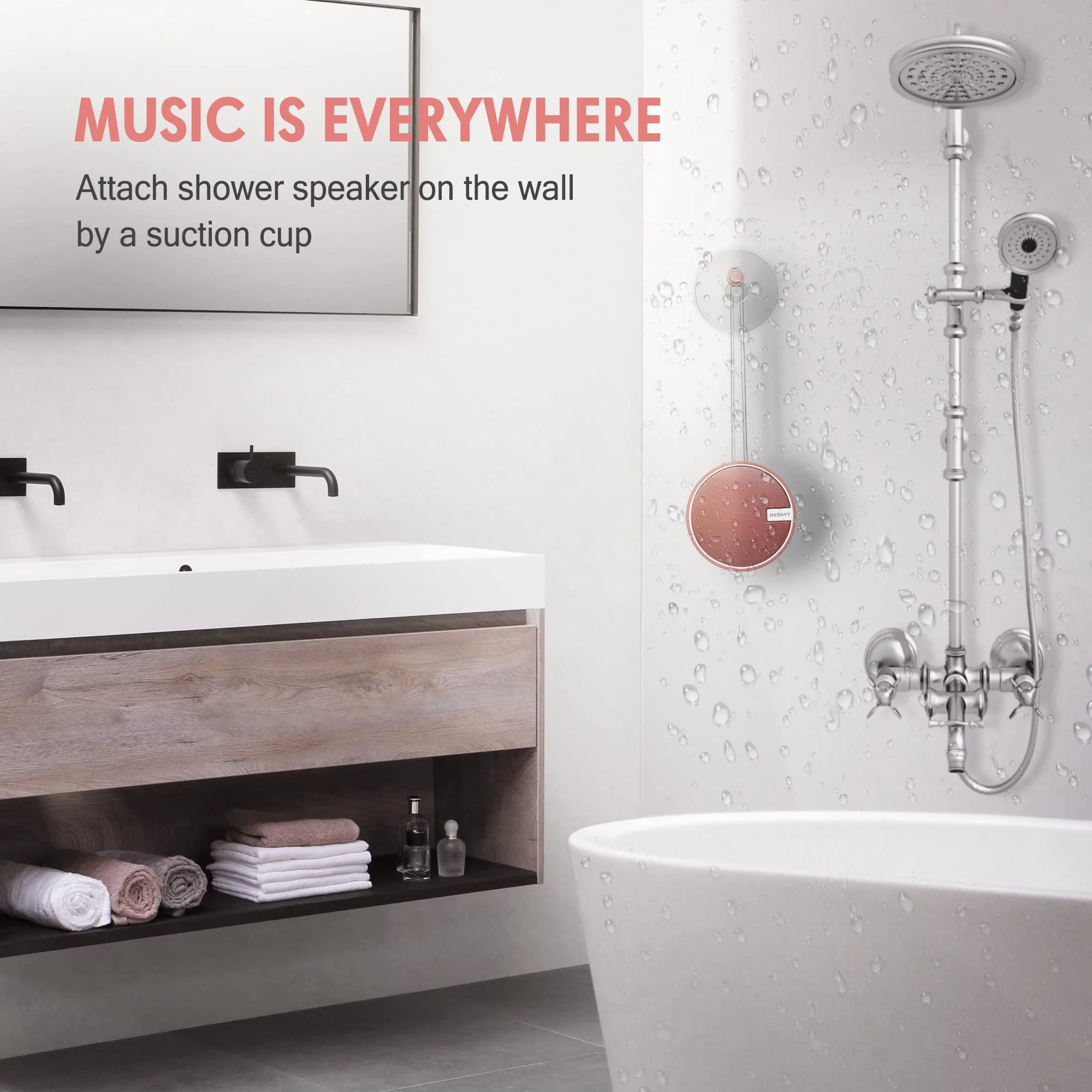 INSMY C12 IPX7 Waterproof Shower Bluetooth Speaker, Portable Small Speaker, Speakers Bluetooth Wireless Loud Clear Sound Support TF Card Suction Cup for Outdoor Kayak Canoe Beach Gift (Cashmere Pink) Cashmere Pink - Image 5