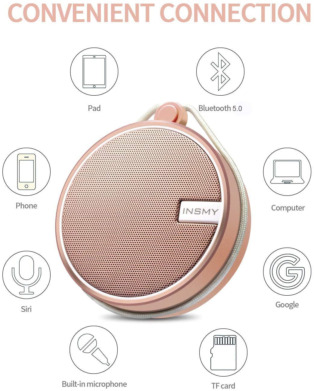 INSMY C12 IPX7 Waterproof Shower Bluetooth Speaker, Portable Small Speaker, Speakers Bluetooth Wireless Loud Clear Sound Support TF Card Suction Cup for Outdoor Kayak Canoe Beach Gift (Cashmere Pink) Cashmere Pink - Image 6