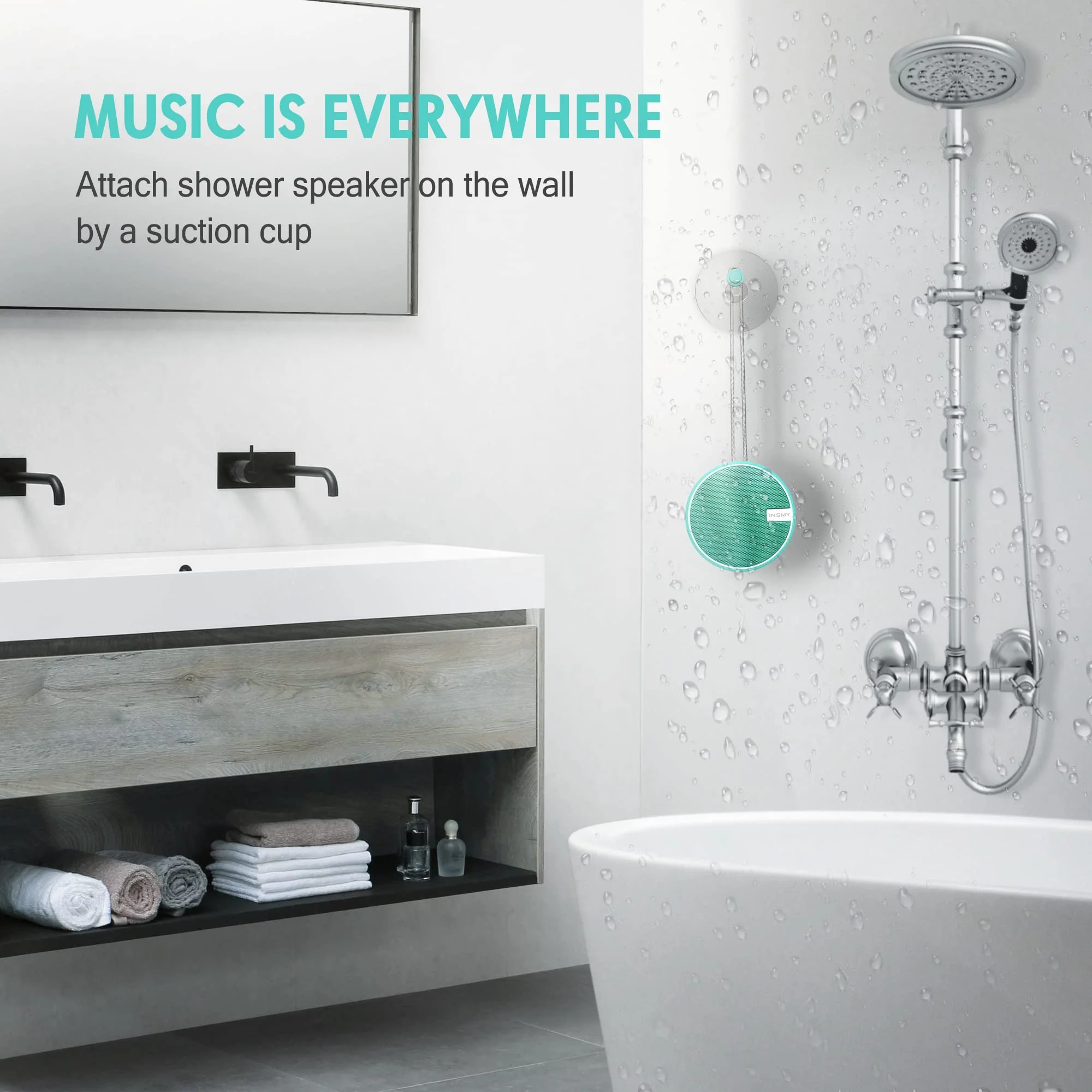 INSMY C12 IPX7 Waterproof Shower Bluetooth Speaker, Portable Small Speaker, Speakers Bluetooth Wireless Loud Clear Sound Support TF Card Suction Cup for Outdoor Kayak Canoe Beach Gift (Mint) Mint - Image 5
