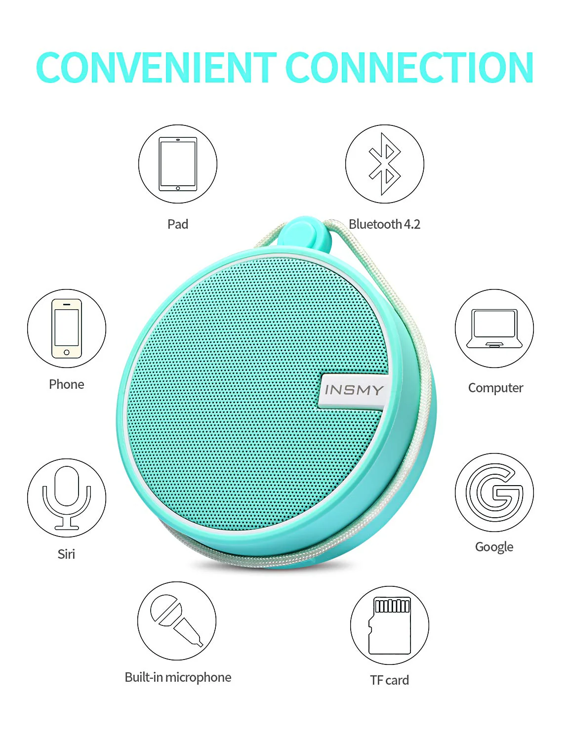 INSMY C12 IPX7 Waterproof Shower Bluetooth Speaker, Portable Small Speaker, Speakers Bluetooth Wireless Loud Clear Sound Support TF Card Suction Cup for Outdoor Kayak Canoe Beach Gift (Mint) Mint - Image 6