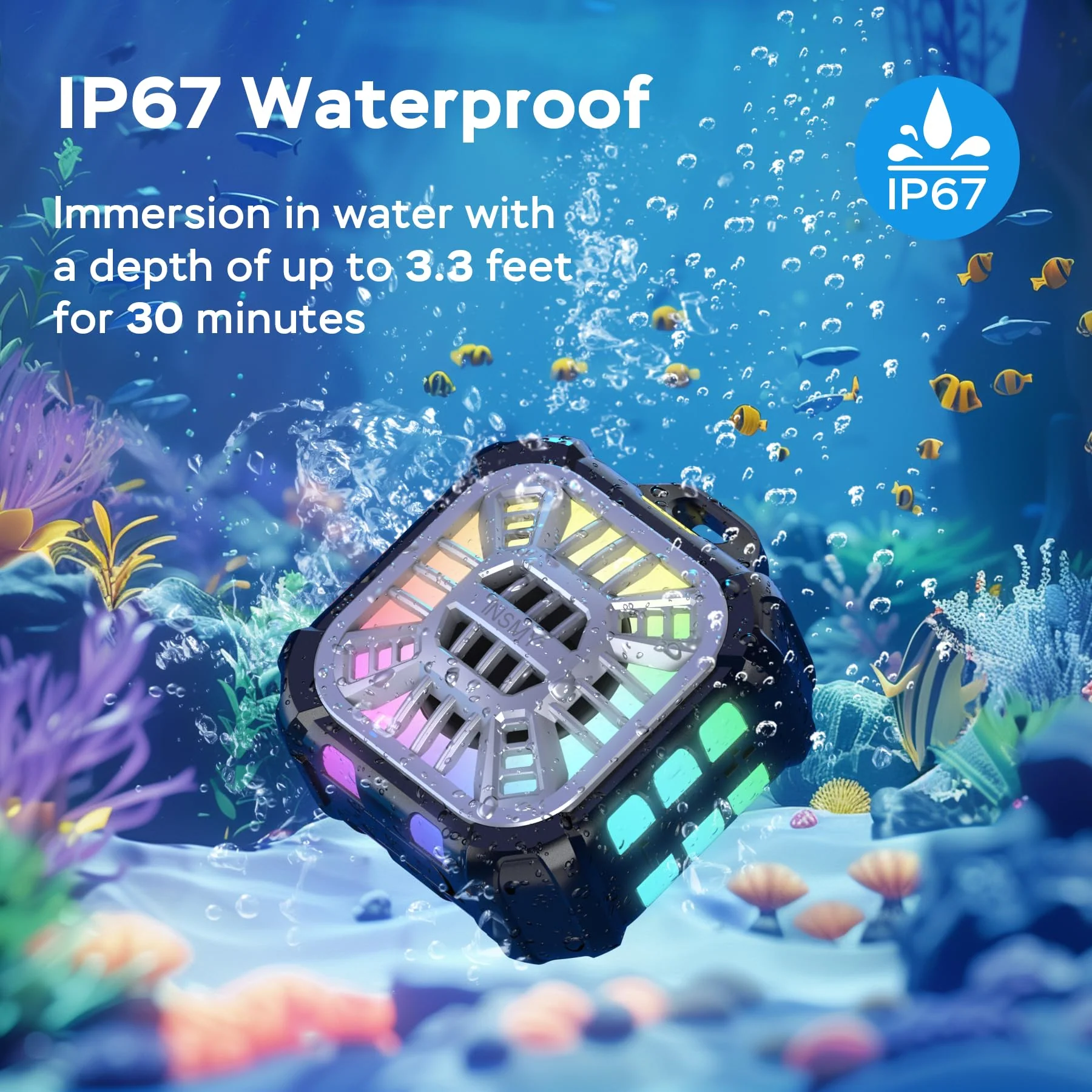 INSMY IP67 Waterproof Bluetooth Speaker, Shower Speaker Portable Small Clip-on, Multi Sync 100+ Speakers, Big Volume Booming Bass, 24H Playtime/Floatable/RGB Lights for Outdoor/Kayak/Beach (Black) Black - Image 2