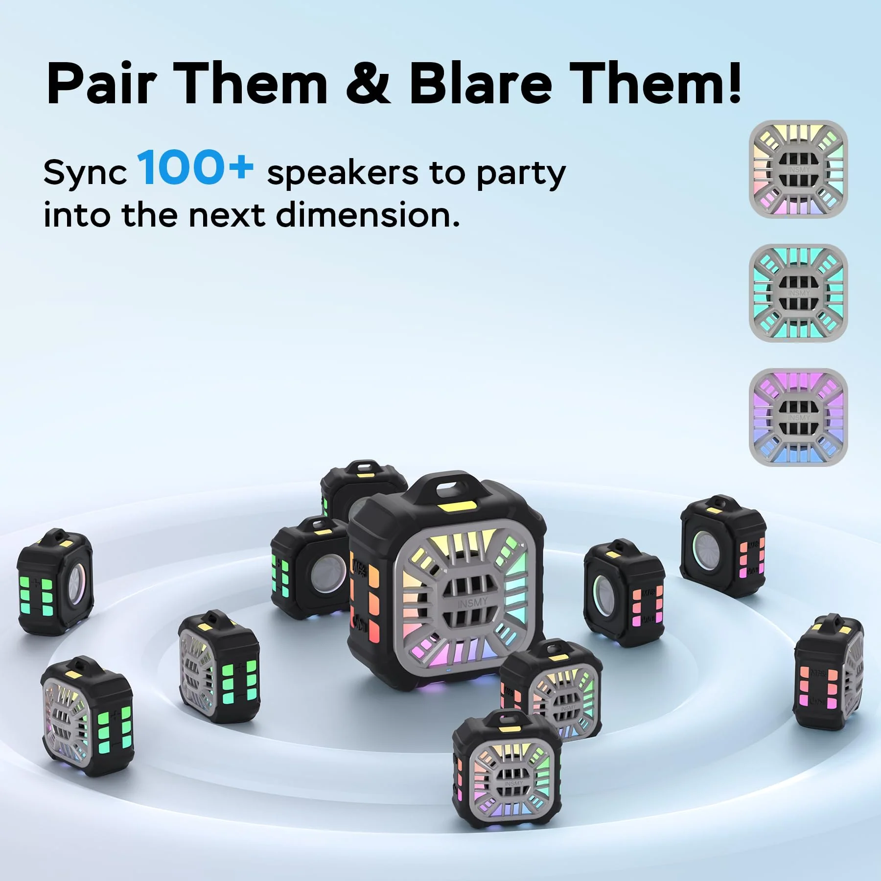 INSMY IP67 Waterproof Bluetooth Speaker, Shower Speaker Portable Small Clip-on, Multi Sync 100+ Speakers, Big Volume Booming Bass, 24H Playtime/Floatable/RGB Lights for Outdoor/Kayak/Beach (Black) Black - Image 3