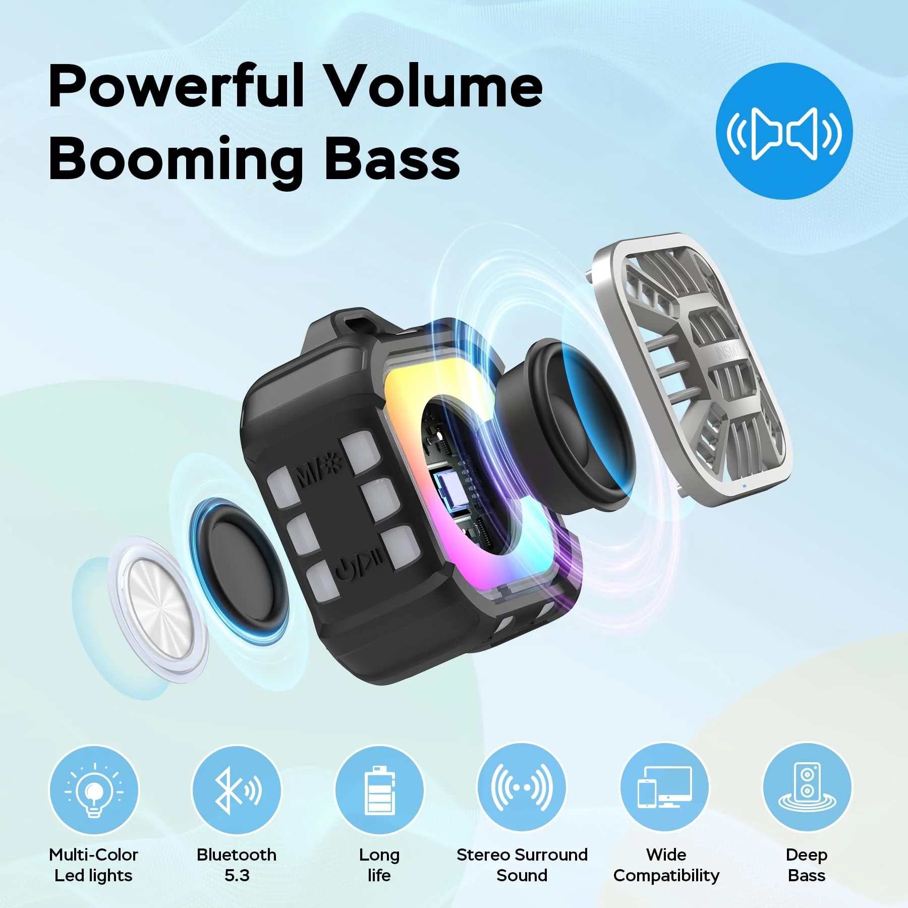 INSMY IP67 Waterproof Bluetooth Speaker, Shower Speaker Portable Small Clip-on, Multi Sync 100+ Speakers, Big Volume Booming Bass, 24H Playtime/Floatable/RGB Lights for Outdoor/Kayak/Beach (Black) Black - Image 4
