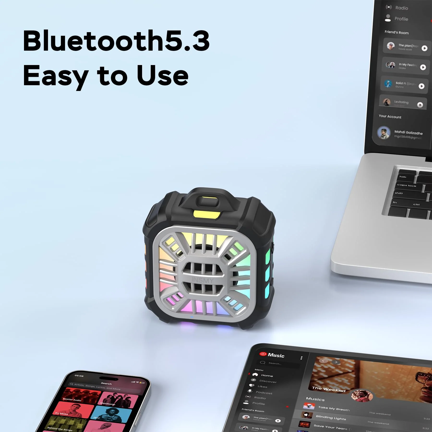 INSMY IP67 Waterproof Bluetooth Speaker, Shower Speaker Portable Small Clip-on, Multi Sync 100+ Speakers, Big Volume Booming Bass, 24H Playtime/Floatable/RGB Lights for Outdoor/Kayak/Beach (Black) Black - Image 7